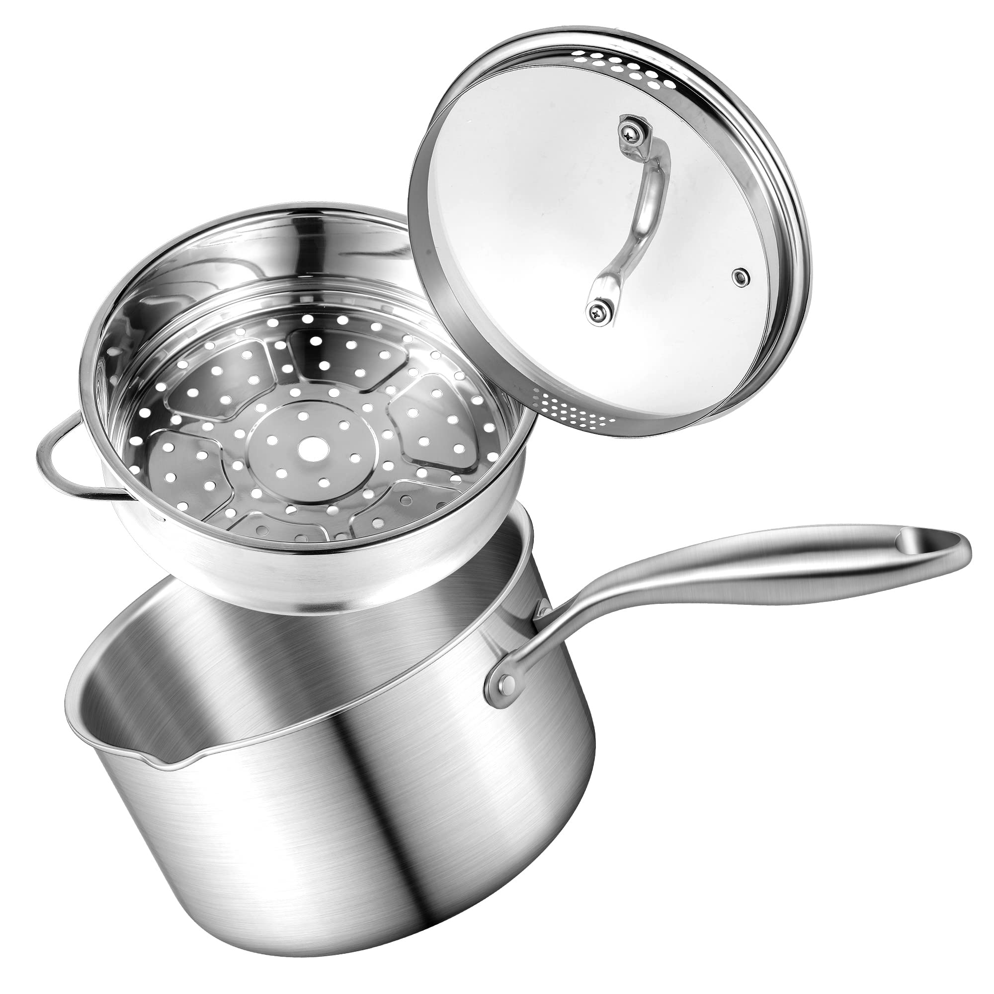 Buttermelt 2.5 Quart Stainless Steel Saucepan With Steamer Basket, Tri-Ply Full Body, Multipurpose Sauce Pot With Two-Size Drain