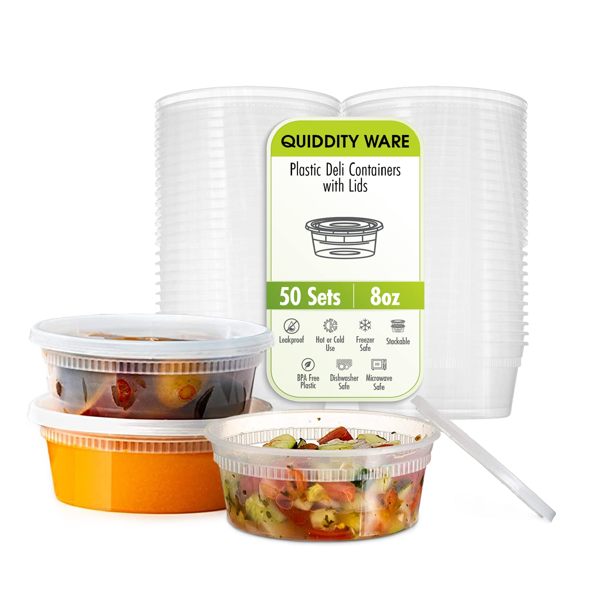 Quiddity Ware (8Oz-Deli Containers With Leakproof Lids-50 Pack Bpa-Free Plastic Microwaveable Clear Food Storage Container Premi