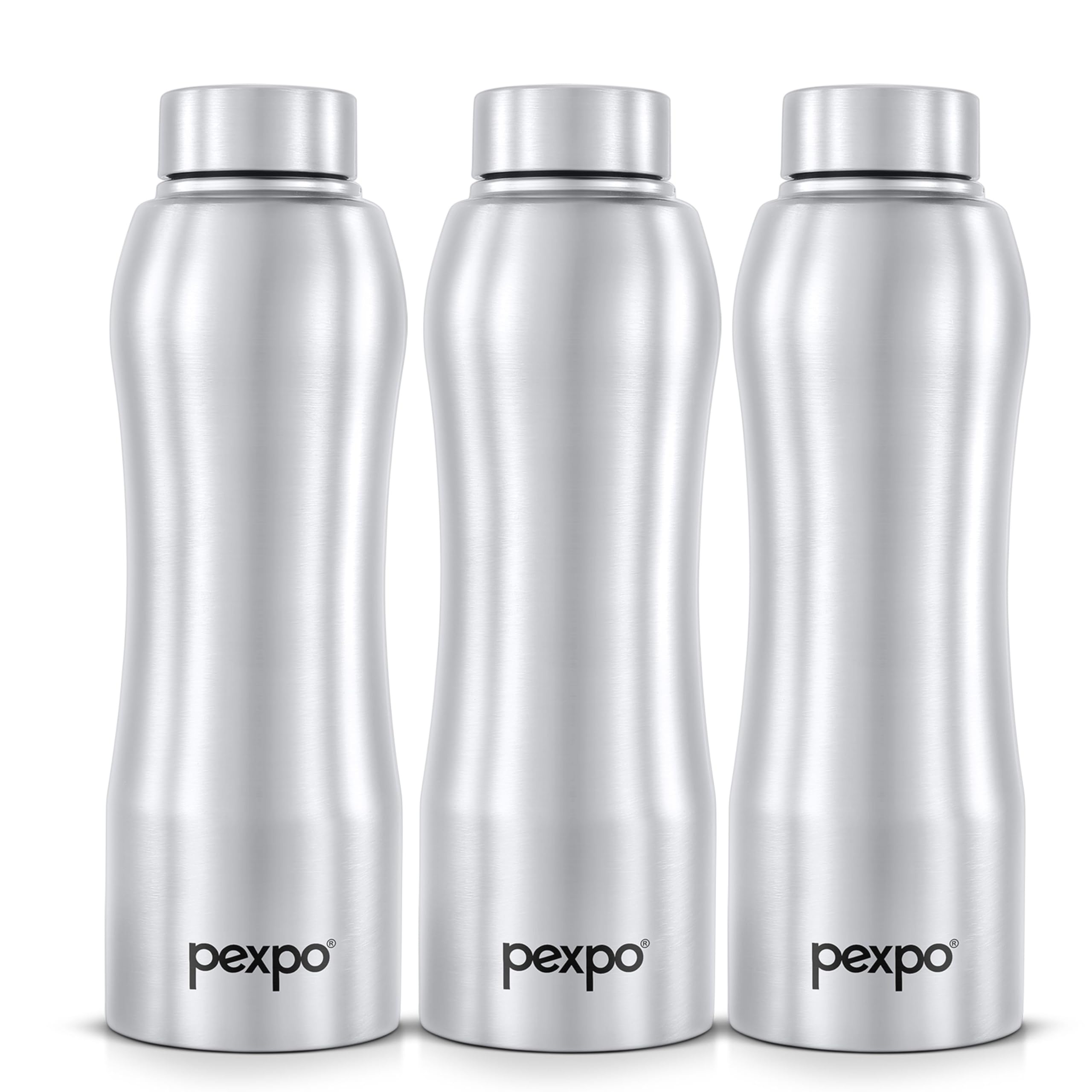 Pexpo Bistro Isi Certified Stainless Steel Fridge/Sports Water Bottle 1 Litre, Silver, Pack Of 3 | Single Walled | Easy Grip | L