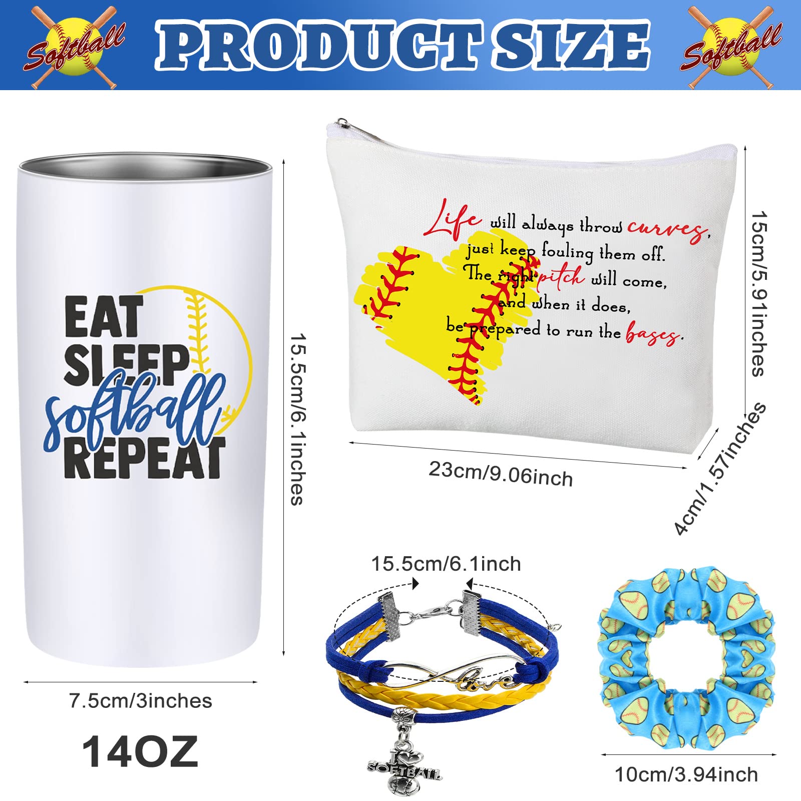 Sieral 4 Pcs Softball Gifts For Girls Softball Tumbler 14Oz Softball Water Bottles Softball Makeup Bag Softball Bracelet Scrunch