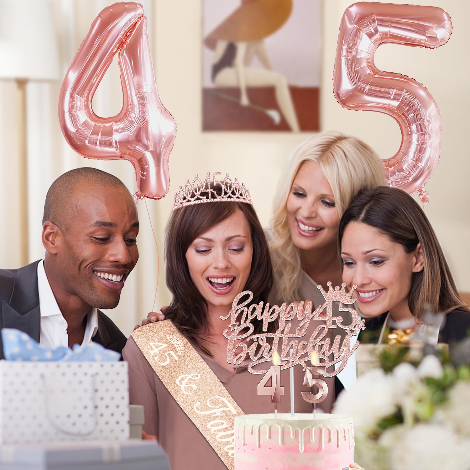 45Th Birthday Gifts For Women, Include 45Th Birthday Sash And Tiara, Birthday Cake Topper And Number 45 Candles, Big 45 Balloons