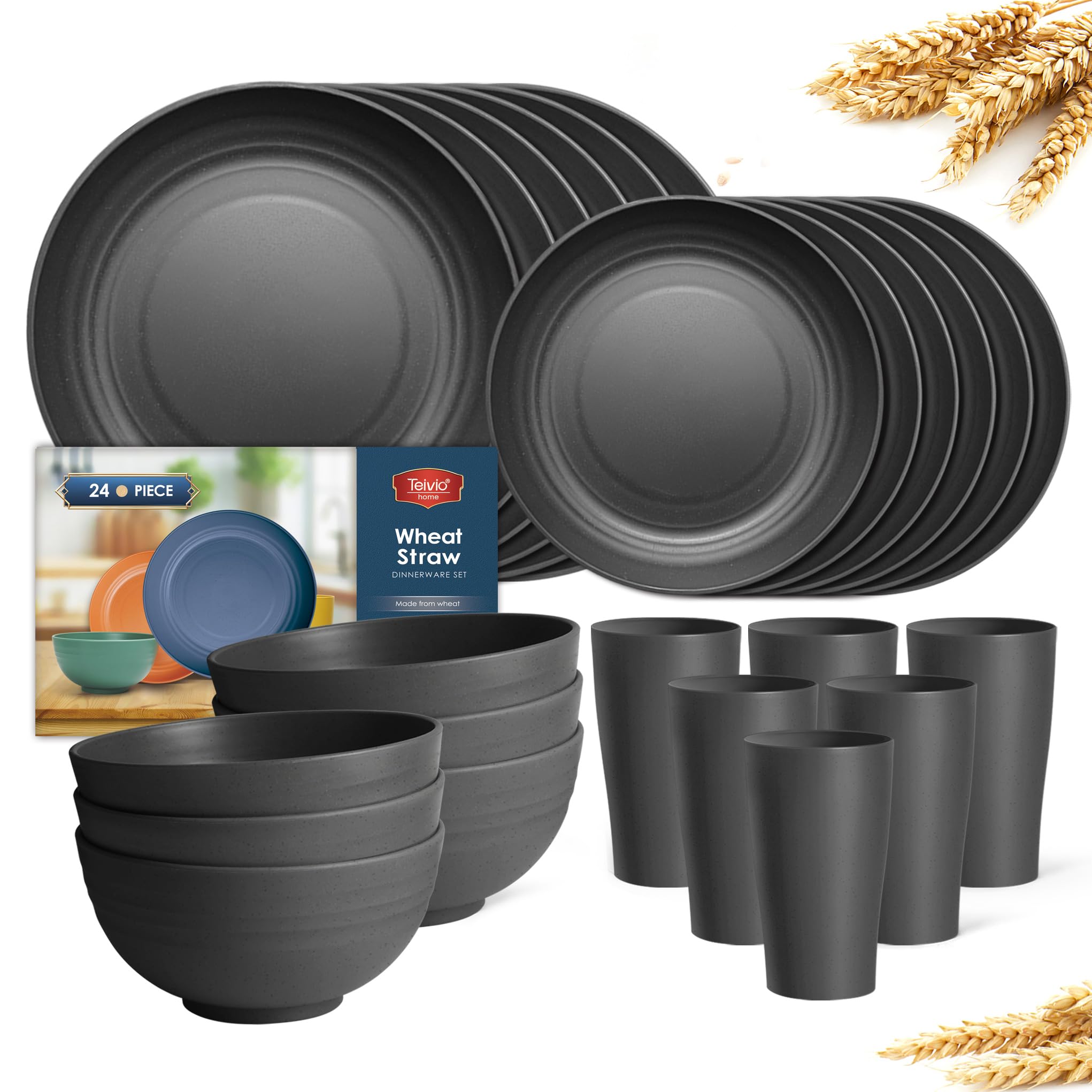 Teivio 24-Piece Kitchen Plastic Wheat Straw Dinnerware Set, Service for 6, Dinner Plates, Dessert Plate, Cereal Bowls, Cups, Unb