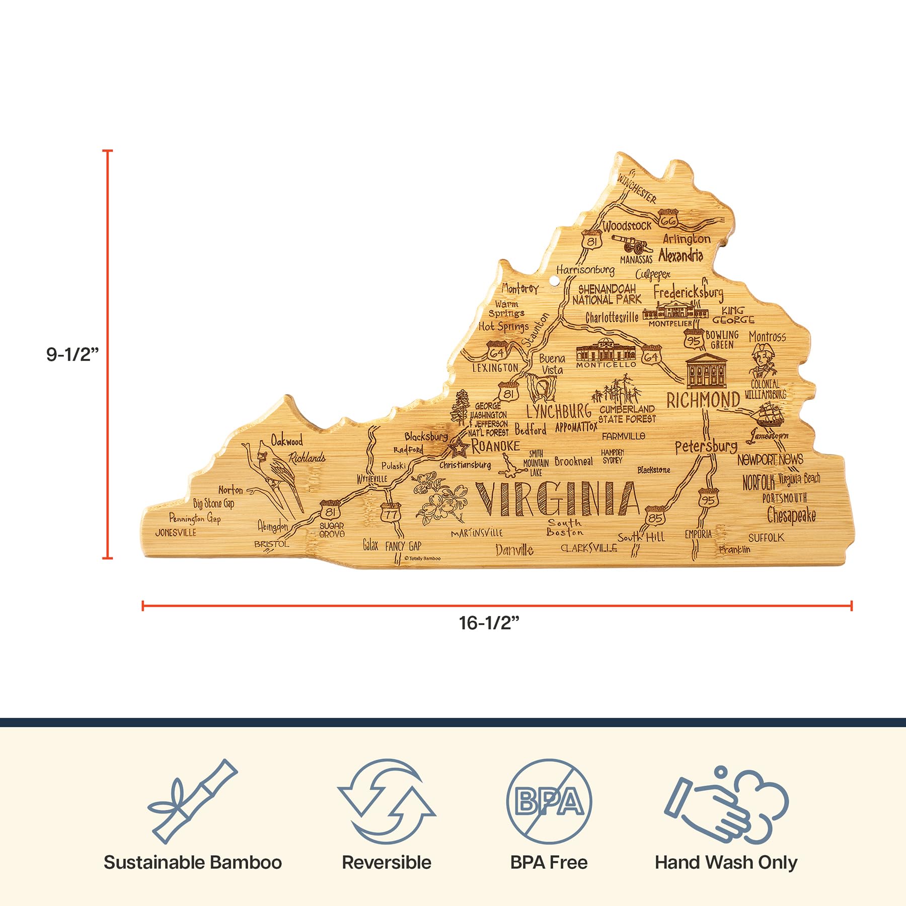 Totally Bamboo Destination Virginia State Shaped Cutting Board, Charcuterie and Cheese Serving Board - Virginia Gift for Home D