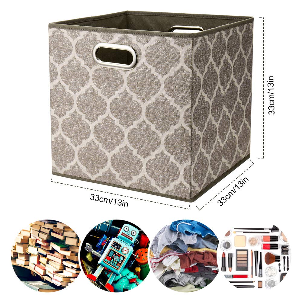 Storage Cubes Bins Fabric 13X13 Inch Brown Storage Boxes Foldable Storage Baskets Printed Cloth Collasible Storage Inserts Cube