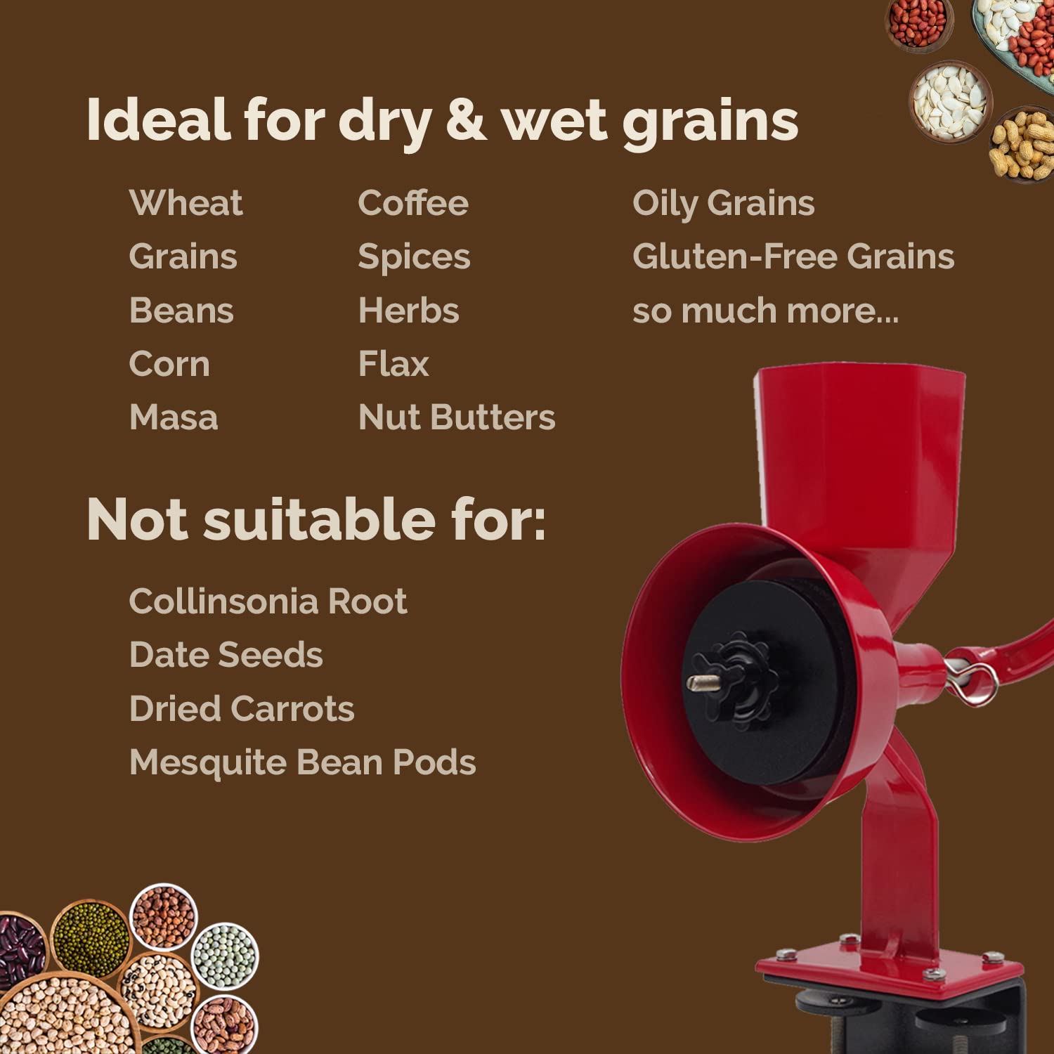 WONDERMILL Hand Grain Mill Deluxe - Red Manual Grinder for Dry/Oily Grains, 18x14x7 inches