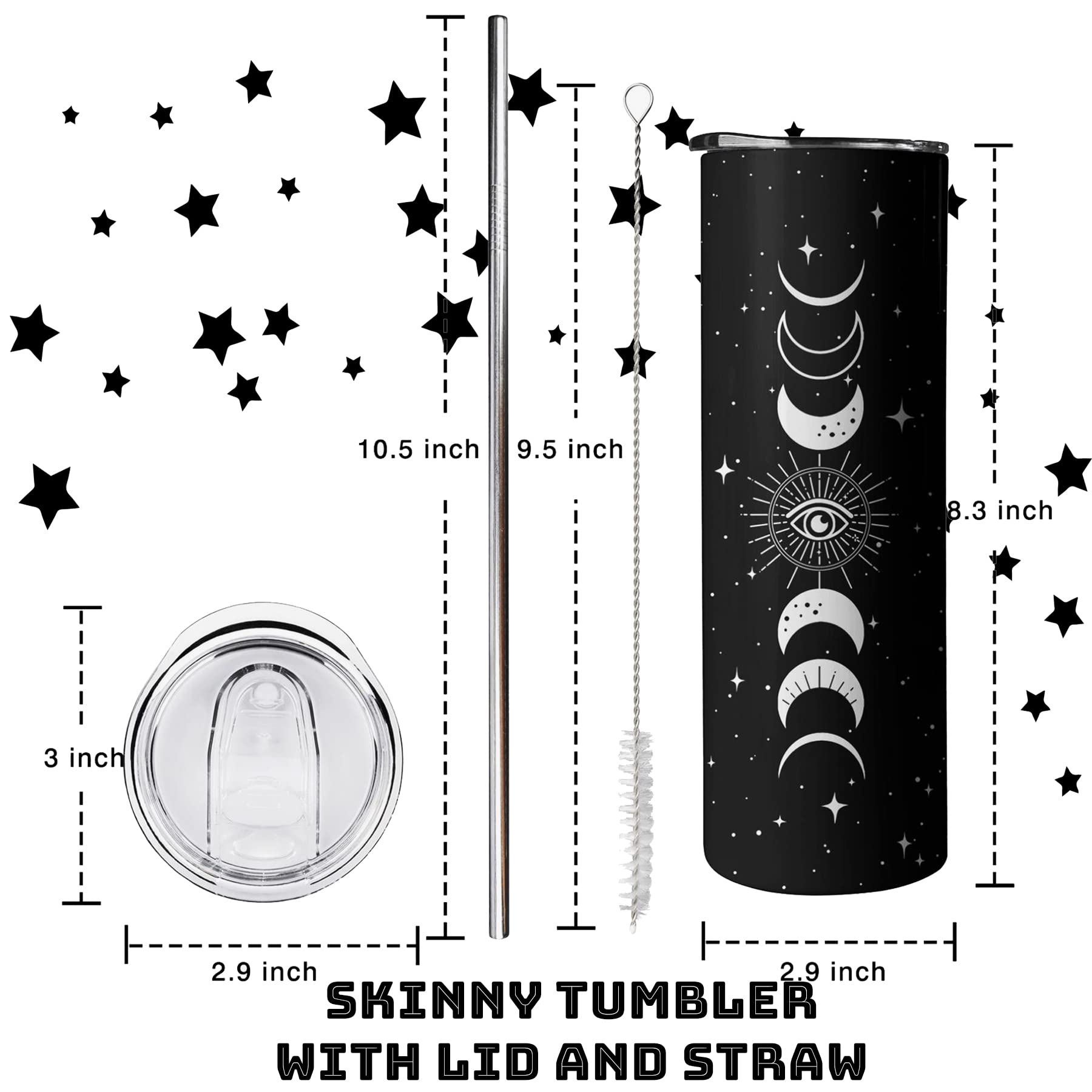 Goth Moon Tumbler With Lid And Straw, Moon Phase Gothic Decor, Black Vacuum Insulated Stainless Steel 20 Oz Witchy Tumbler Cup-