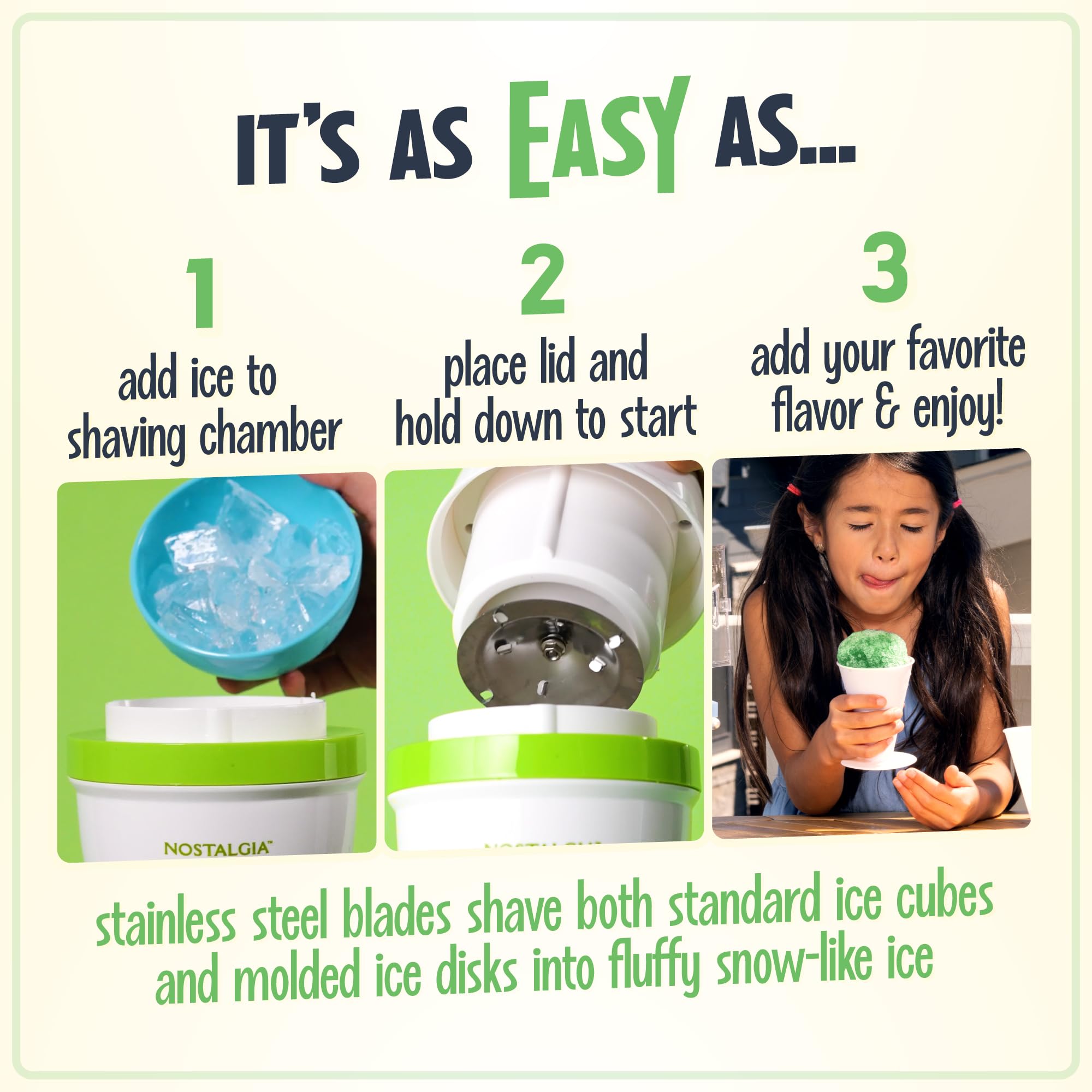 Nostalgia Snow Cone Shaved Ice Machine - Includes 1 Reusable Plastic Cup And Ice Molds, White, Green