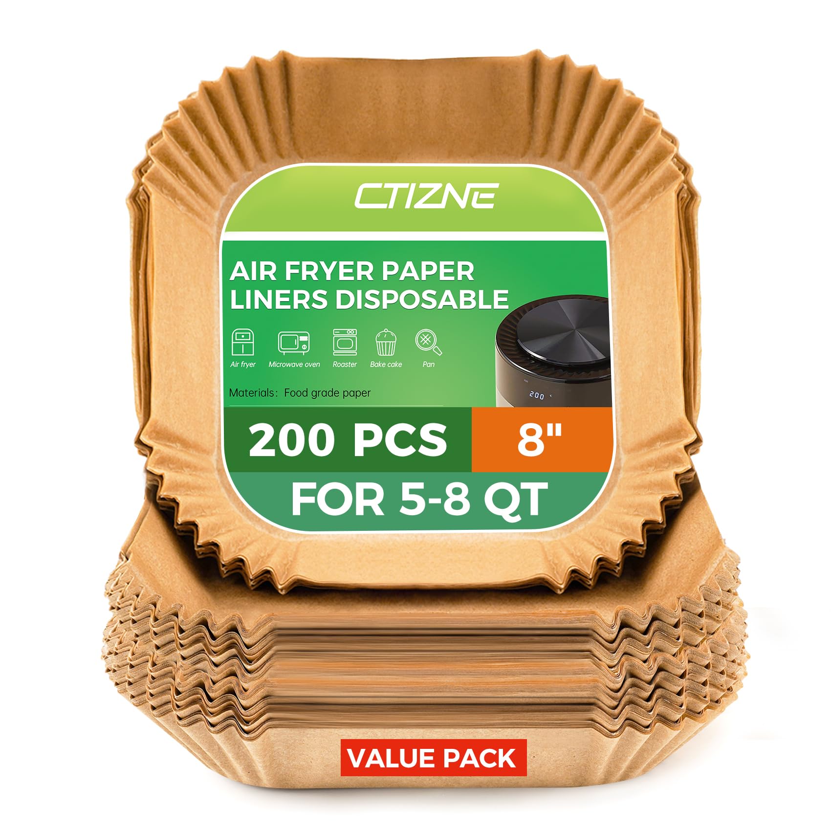 Ctizne Air Fryer Liners Disposable: 200Pcs 8 Inch Square Parchment Paper Liner, Non-Stick Oilproof Baking Paper Sheets For 5-8 Q