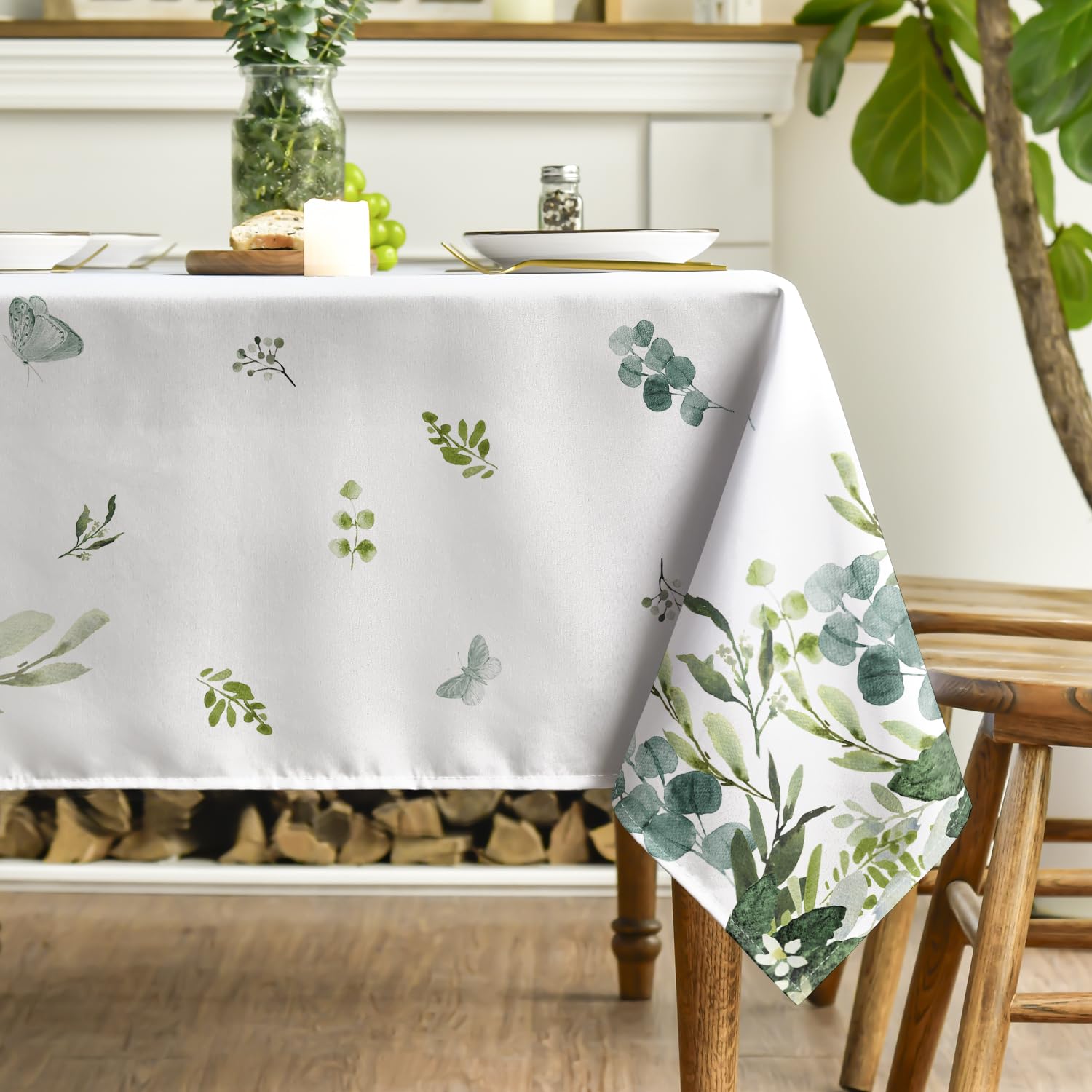 Horaldaily Spring Summer Tablecloth 60X84 Inch Rectangular, Eucalyptus Floral Table Cover For Party Picnic Dinner Decor