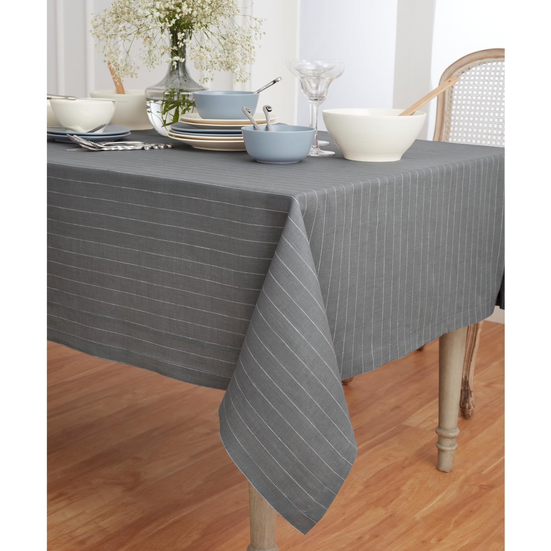 Solino Home Pinstripe Linen Tablecloth 108'' L X 60'' W Inch - 100% Pure Linen Grey And White Tablecloth For Spring, Easter - Ha