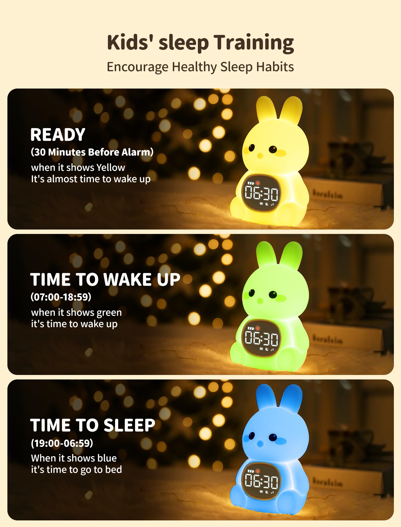 MASHI Bunny Alarm Clock, Toddler Sleep Training Clock with Sun & Moon, Sleep Sound Machine, Night Lights, Alarm Clock for Kids,