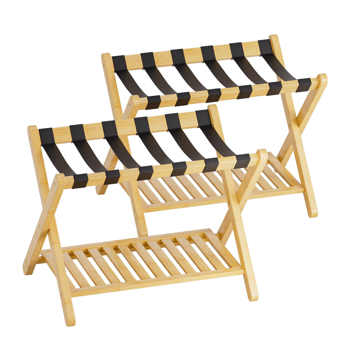 Smibuy Luggage Rack, Set Of 2, Foldable Bamboo Suitcase Stand With Storage Shelf For Guest Room, Bedroom, Hotel, Heavy-Duty (Nat