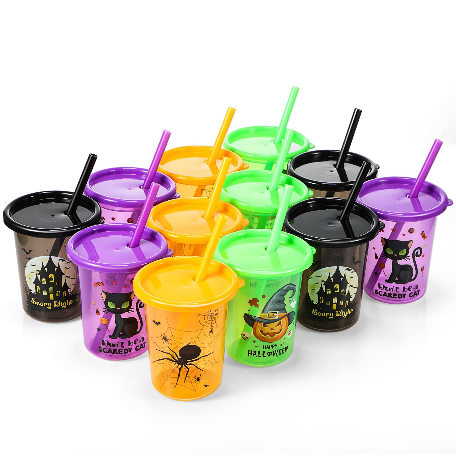 Nuanchu 12 Pcs Halloween Cups for Kids Plastic Tumbler with Lids and Straws 10 Oz Reusable Toddler Cups for Happy Halloween Part