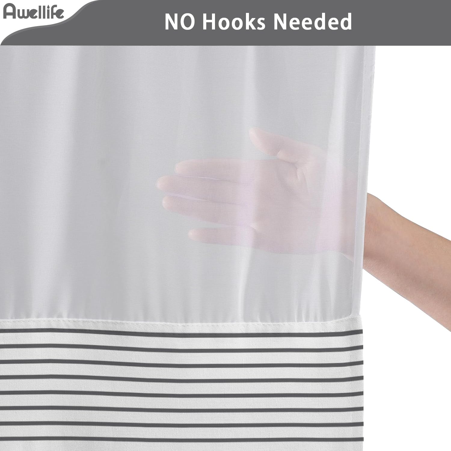 Awellife No Hook Shower Curtain With Snap In Liner Set Cotton And Linen Blend Shower Curtain For Bathroom Boho Dark Grey Striped