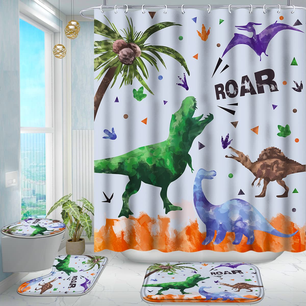 Poedist Shower Curtain Set With Rugs,Kid'S Bathroom Accessory Set, Including Non-Slip Rugs,Toilet Lid Cover And Bath Mat, Waterp