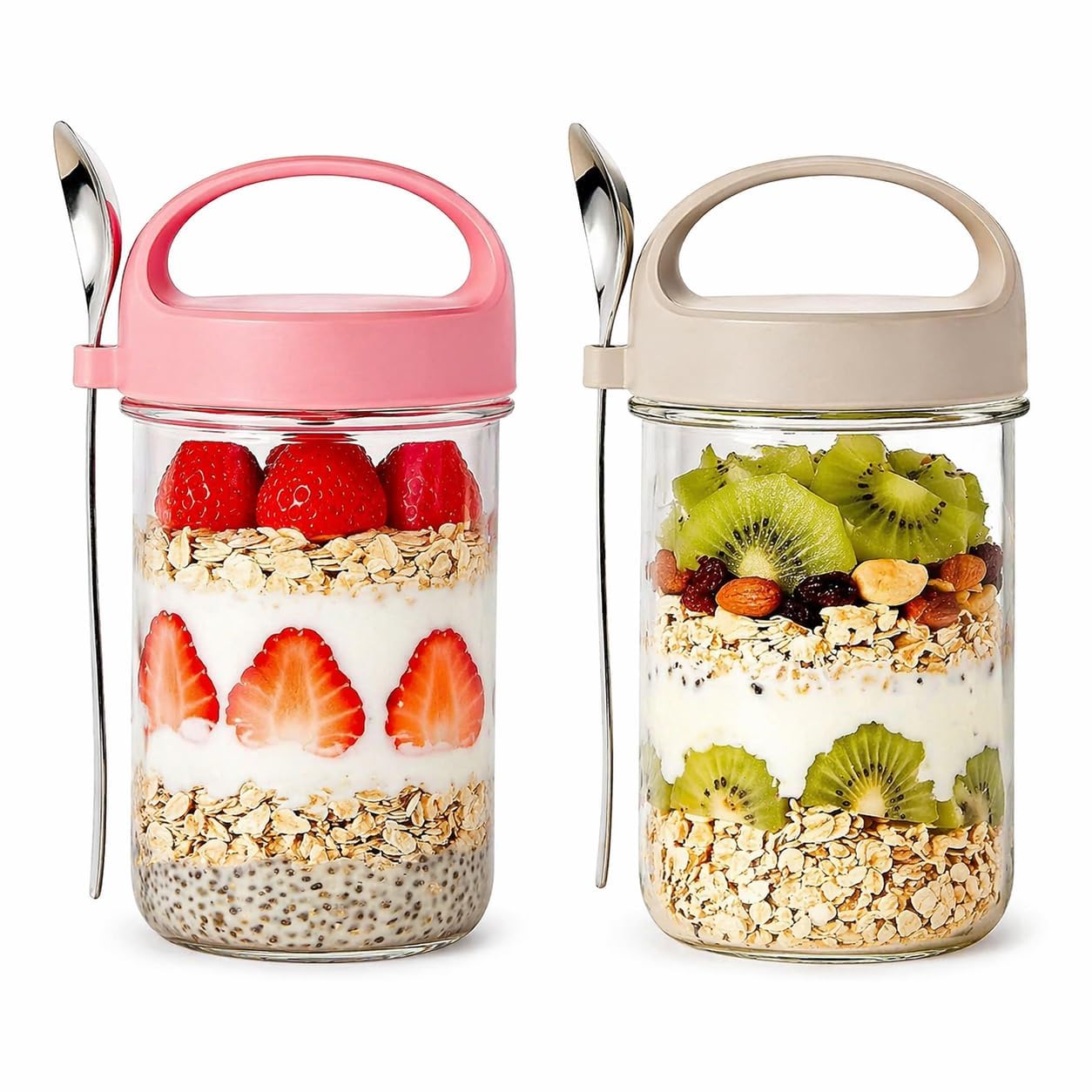 Myna Life Set Of 2 Overnight Oats Glass Jar With Lid & Spoon 410Ml, Portable Oatmeal Container | OnTheGo Breakfast Cup For Yog