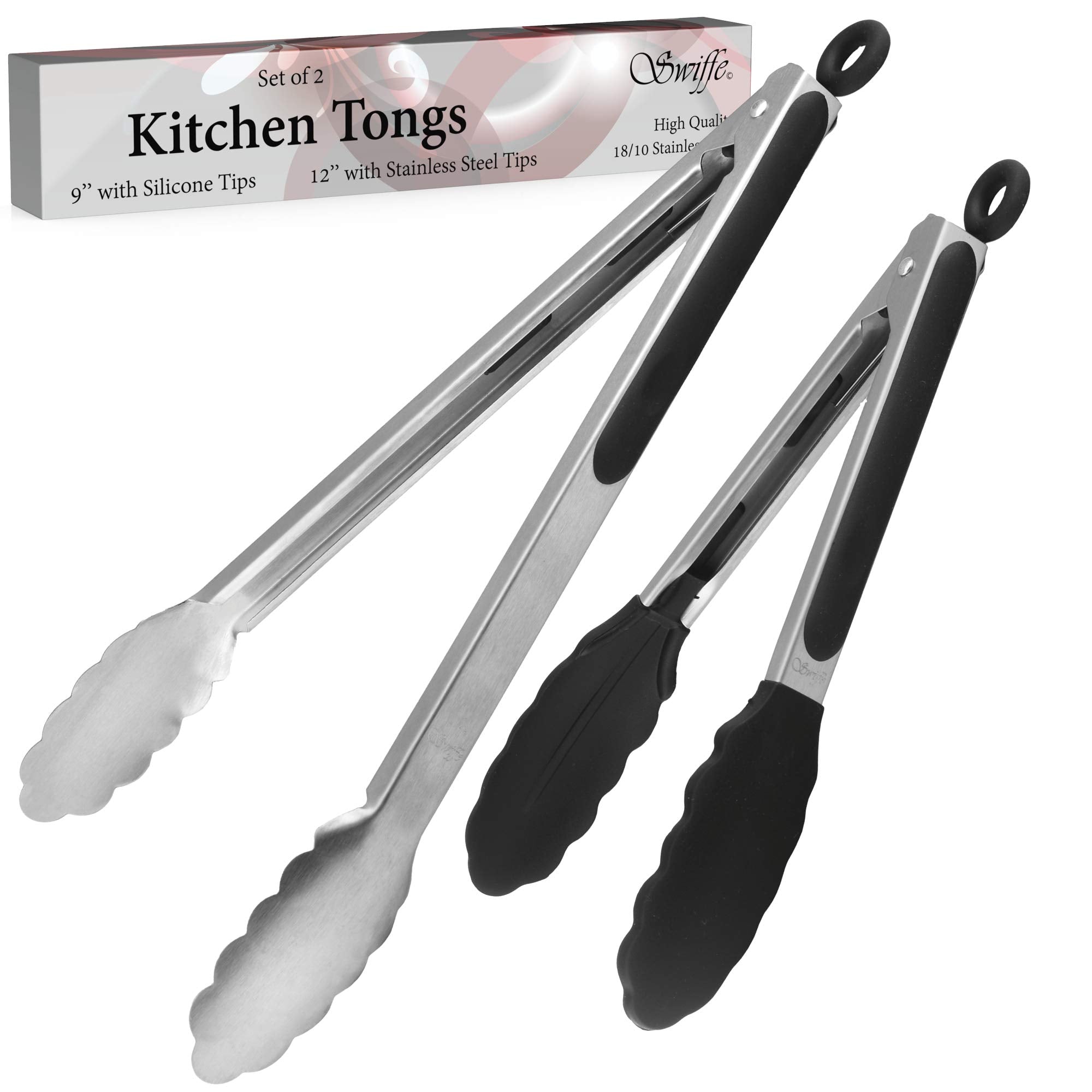 Stainless Steel Kitchen Tongs Set Of 2 - Premium Multipurpose 9    With Bpa Free Heat Resistant Silicone Tips And 12    With Met