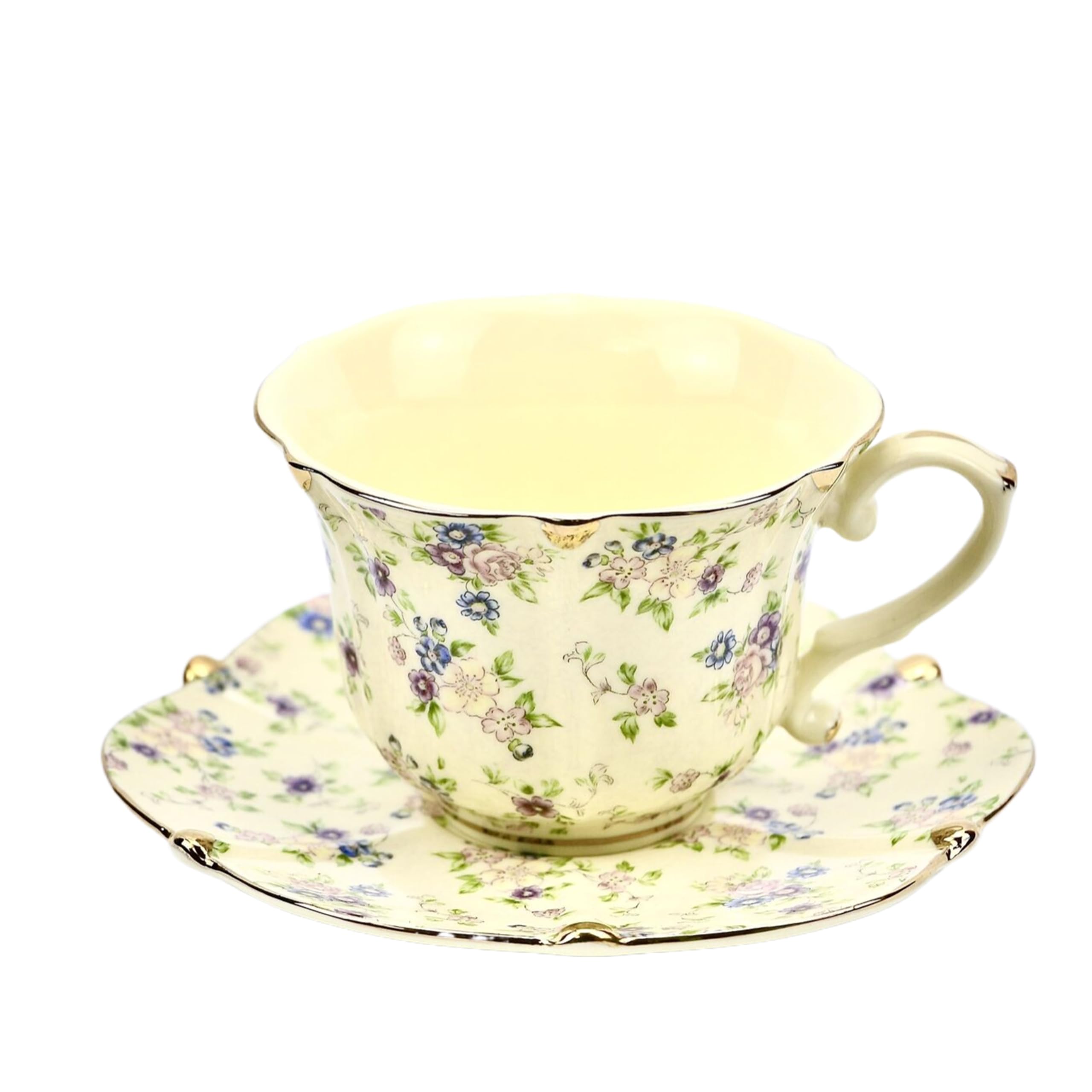 TATSUMI Country Roses Bone China Tea Cup and Saucer Set, 3 Pieces, Vintage Style, For Women and Tea Parties(yellow,1 Set)