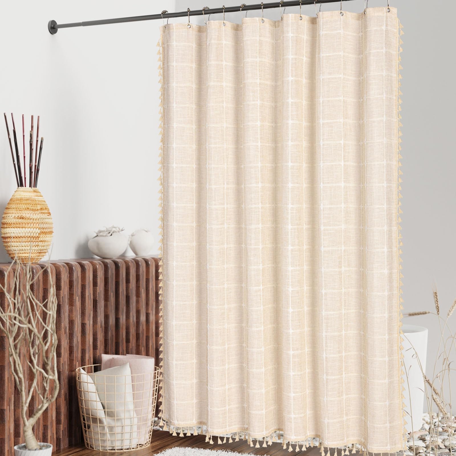 Mitovilla Boho Small Stall Shower Curtain 36 X 72, Beige Narrow Cotton Linen Fabric Shower Curtains For Farmhouse Bathroom Decor