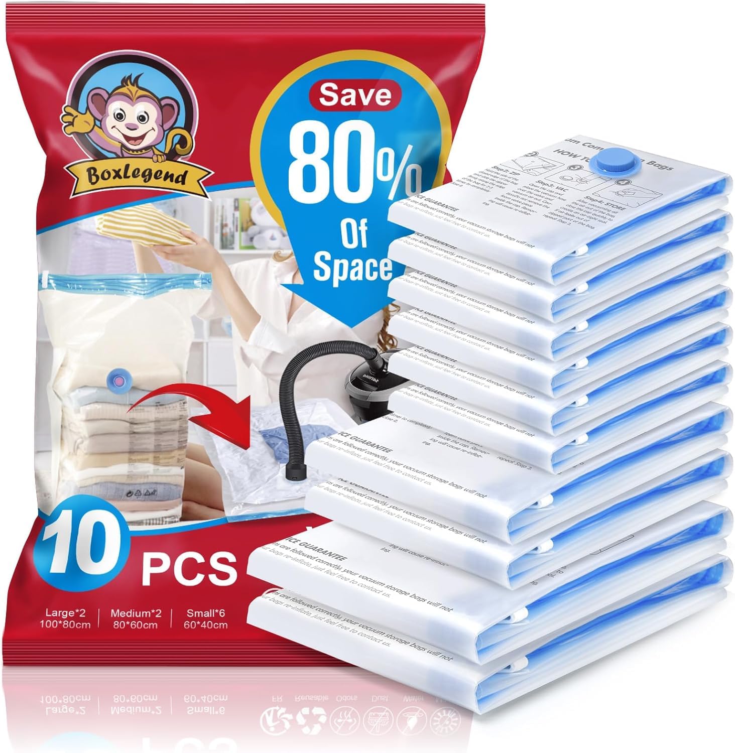 BoxLegend Vacuum Storage Bags 10 Combo Vacuum Pack Bags Space Saving Double Zipper Seal & Leak Valve Reusable for Clothes Pillow