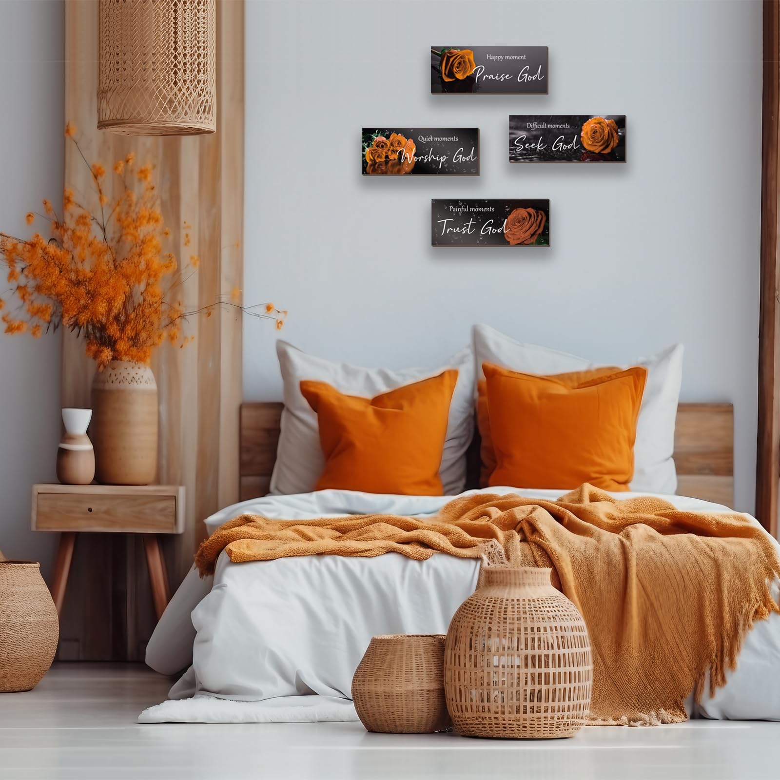 ONIZHITY 4Pcs Orange Bathroom Decor Orange Wall Decor Religious Bible Verse Orange Rose Wall Decor Rustic Wooden Christian Sign