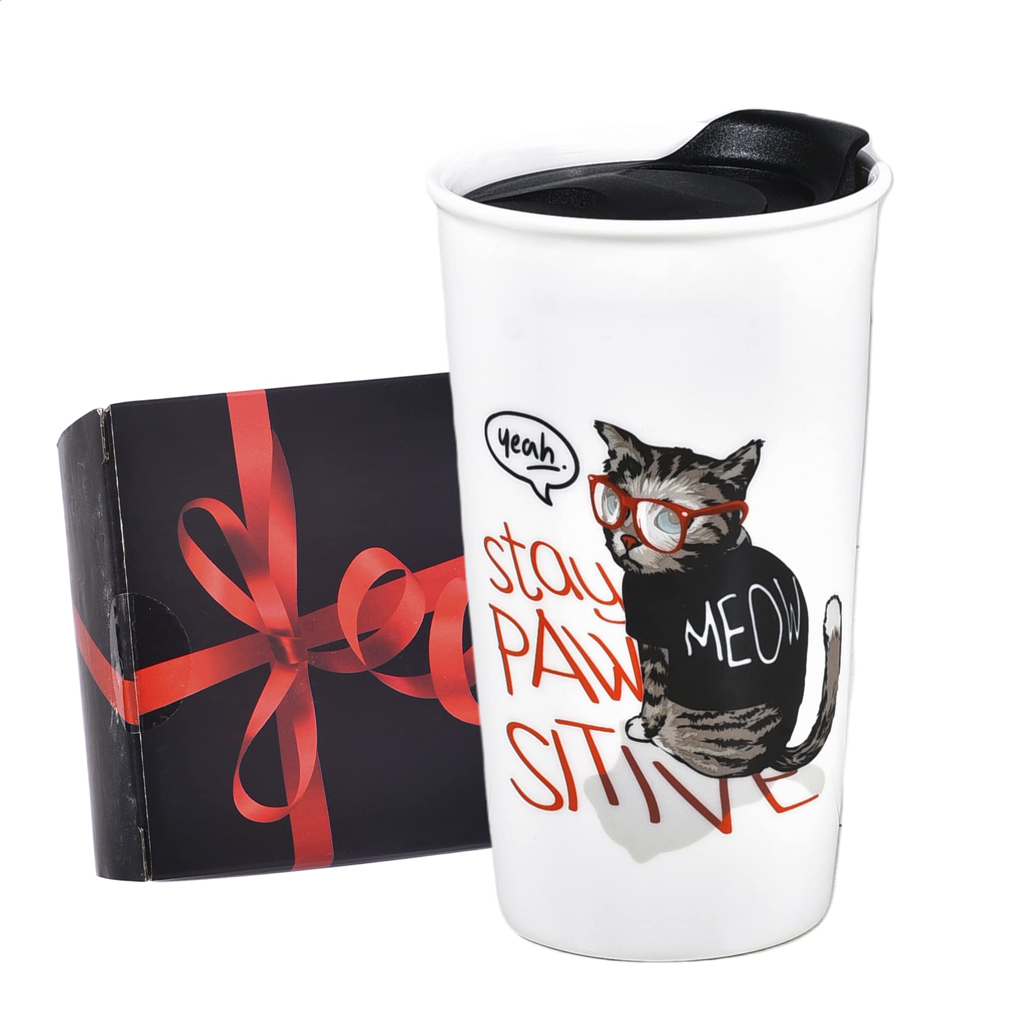 Cute Cat Mug For Cat Lovers, To Go Coffee Cup With Splash Proof Lid, Double-Wall Ceramic Funny Travel Car Mugs 12 Ounce, Meow Pe