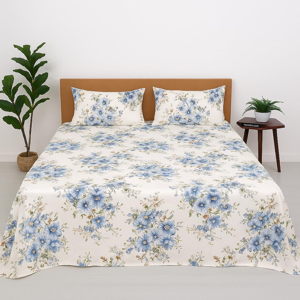 Bhoomi Impex King Size Bedsheet - Bluebell Bloom Print - Ultra Soft & Breathable Microfiber - 102 X 108 Inches - Flat Sheet With