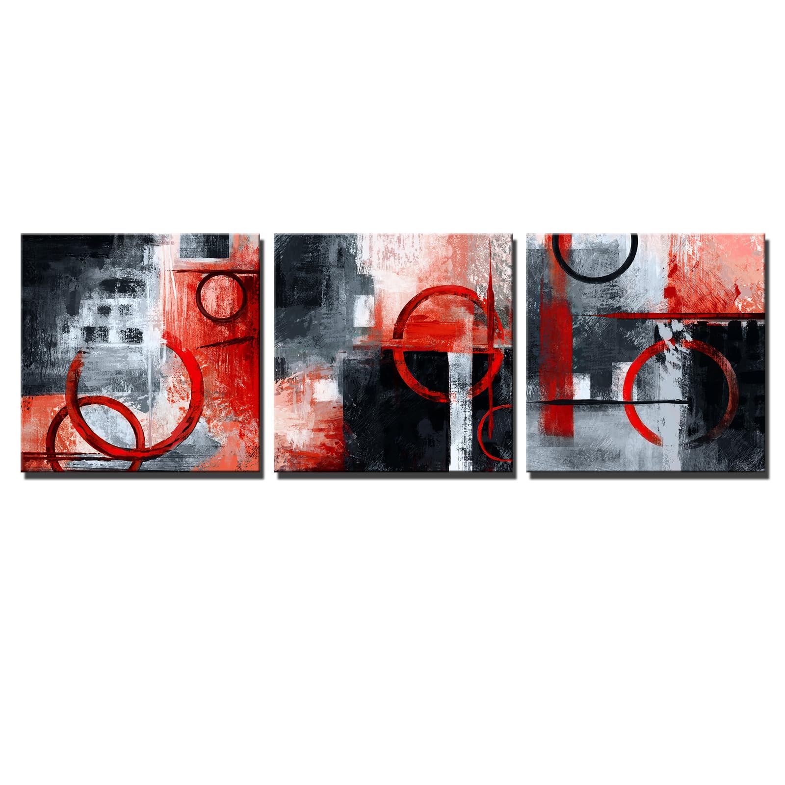 Sechars Geometric Wall Decoration Abstract Circle Painting Canvas Wall Art Modern Black And Red Geometry Artwork Framed For Home