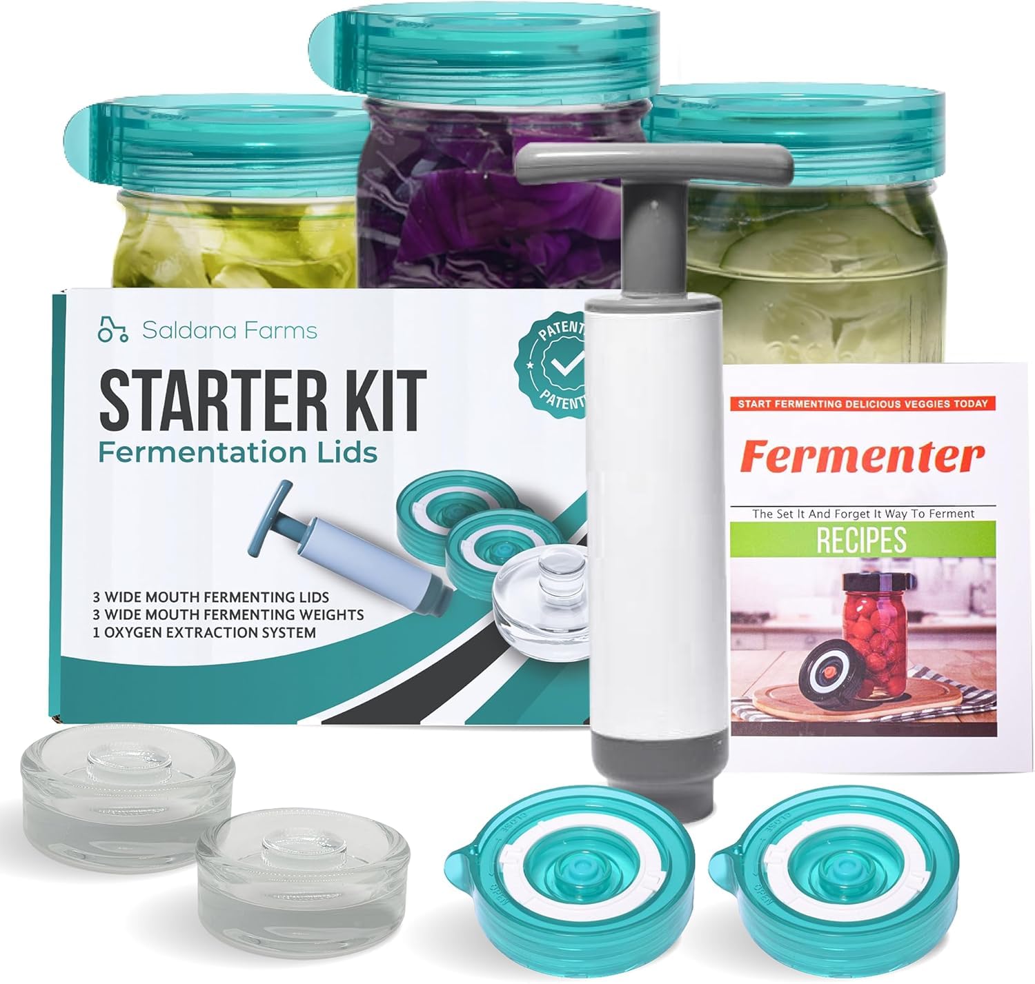 Easy Fermenter Fermentation Starter Set, Includes 3 Airlock Fermentation Lids and 3 Glass Weights, Sauerkraut Fermenting Kit for