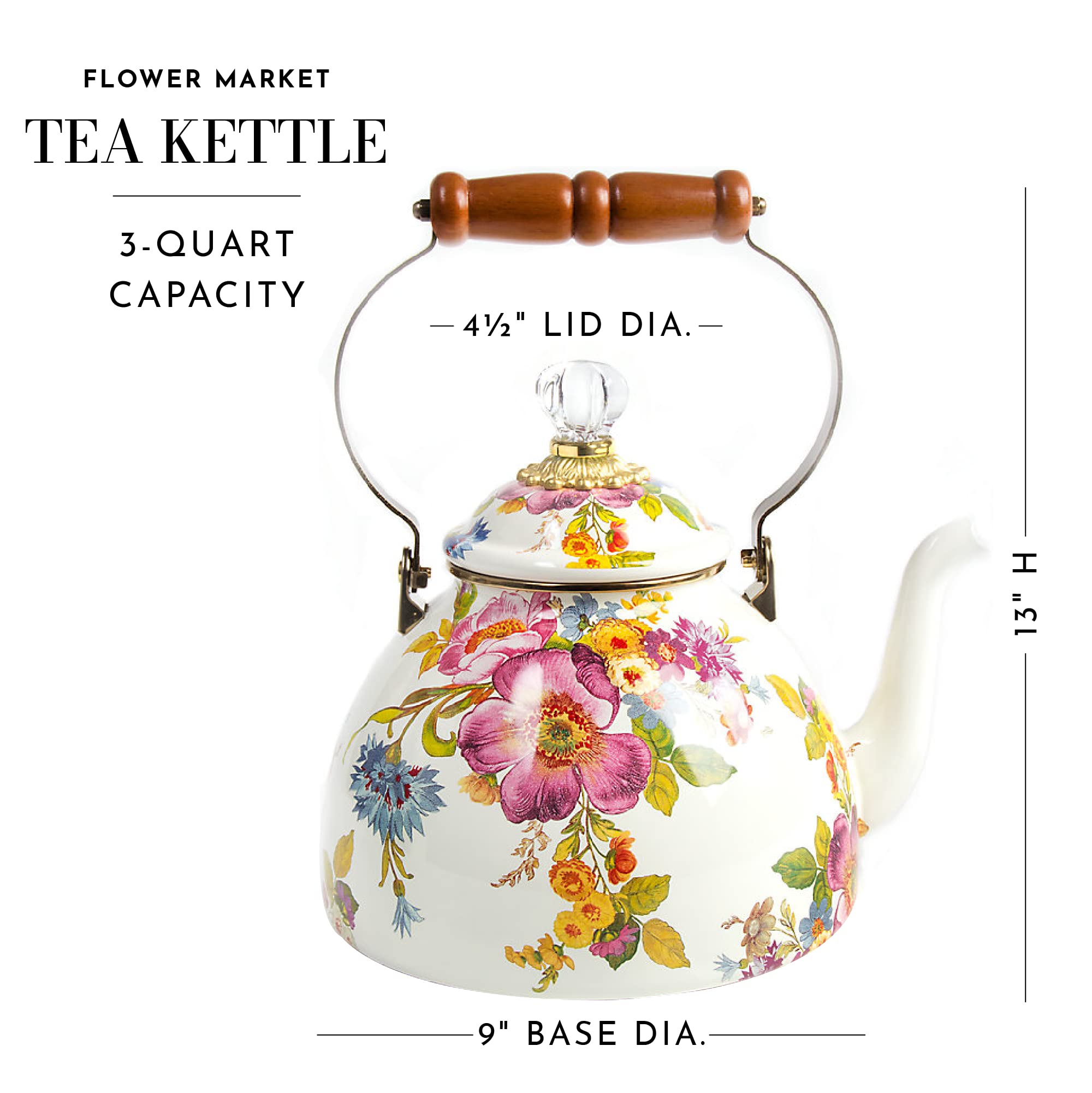 Mackenzie-Childs Flower Market Enamel Tea Kettle, Decorative Tea Kettle, 3-Quart Capacity, White