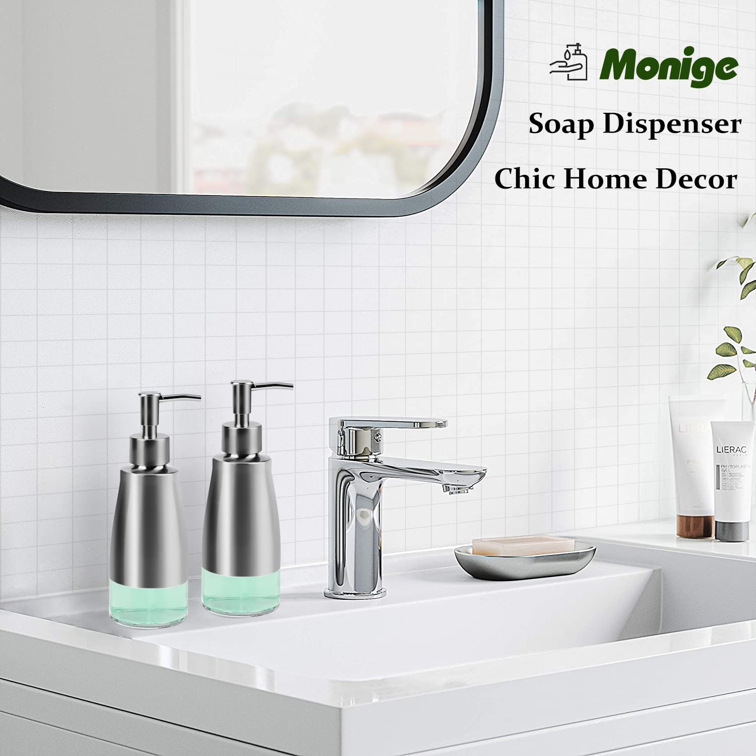 Monige Hand Soap And Lotion Dispenser Set Bathroom Countertop Kitchen Dish Soap Brushed Nickel Pump Container Stainless Steel Fr