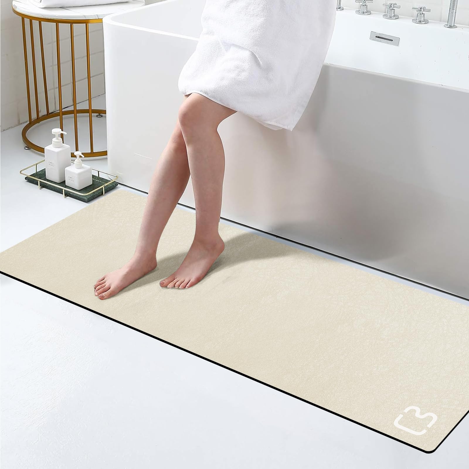 Beige Bath Mat 17'' X 59'' Extra Long Bathroom Mat Large Fast Dry Super Absorbent Non-Slip Rubber Backed Shower Mat Bathroom Rug