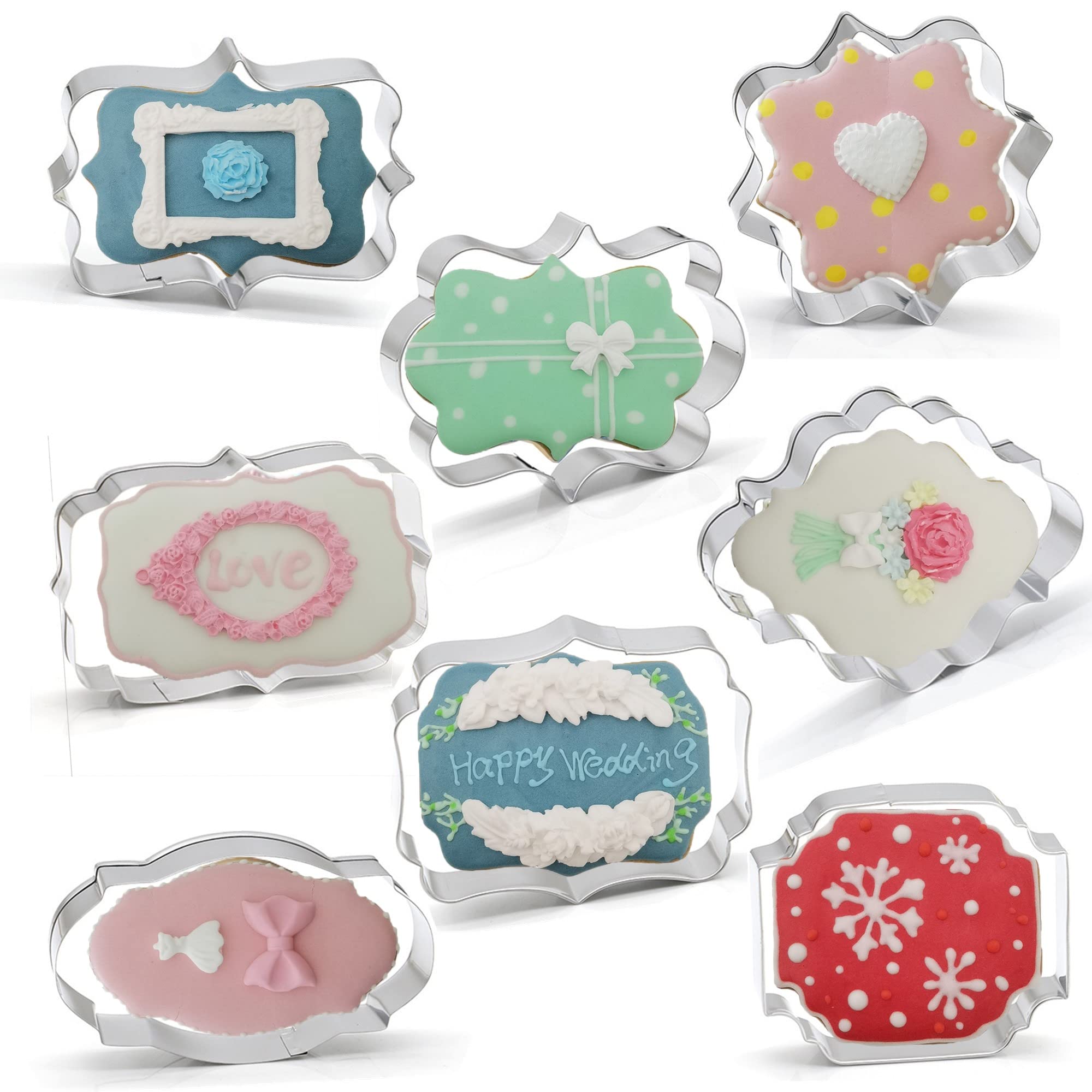 Fancy Plaque Cookie Cutters Set Of 8 Pcs, Stainless Steel Wedding Frames Shaped Fondant Cutter Molds Baking Diy