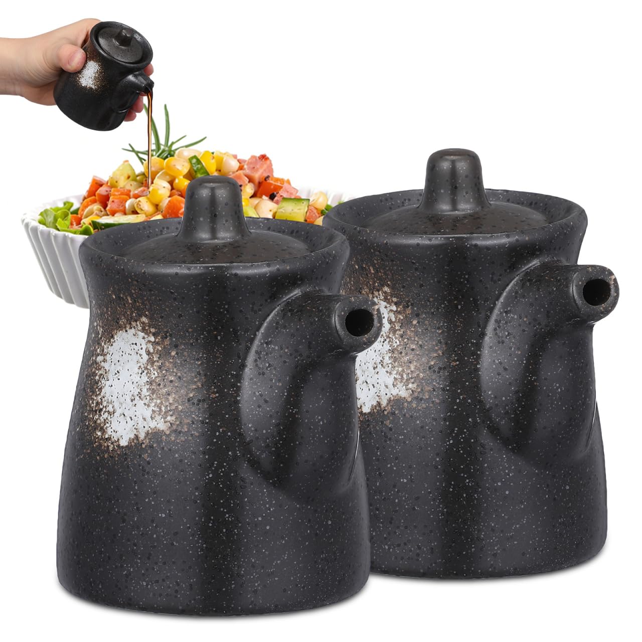 DECHOUS 2Pcs Ceramic Soy Sauce Dispenser Small Japanese Style Seasoning Bottles Vinegar Dispenser Oil Bottle for Home Kitchen Su