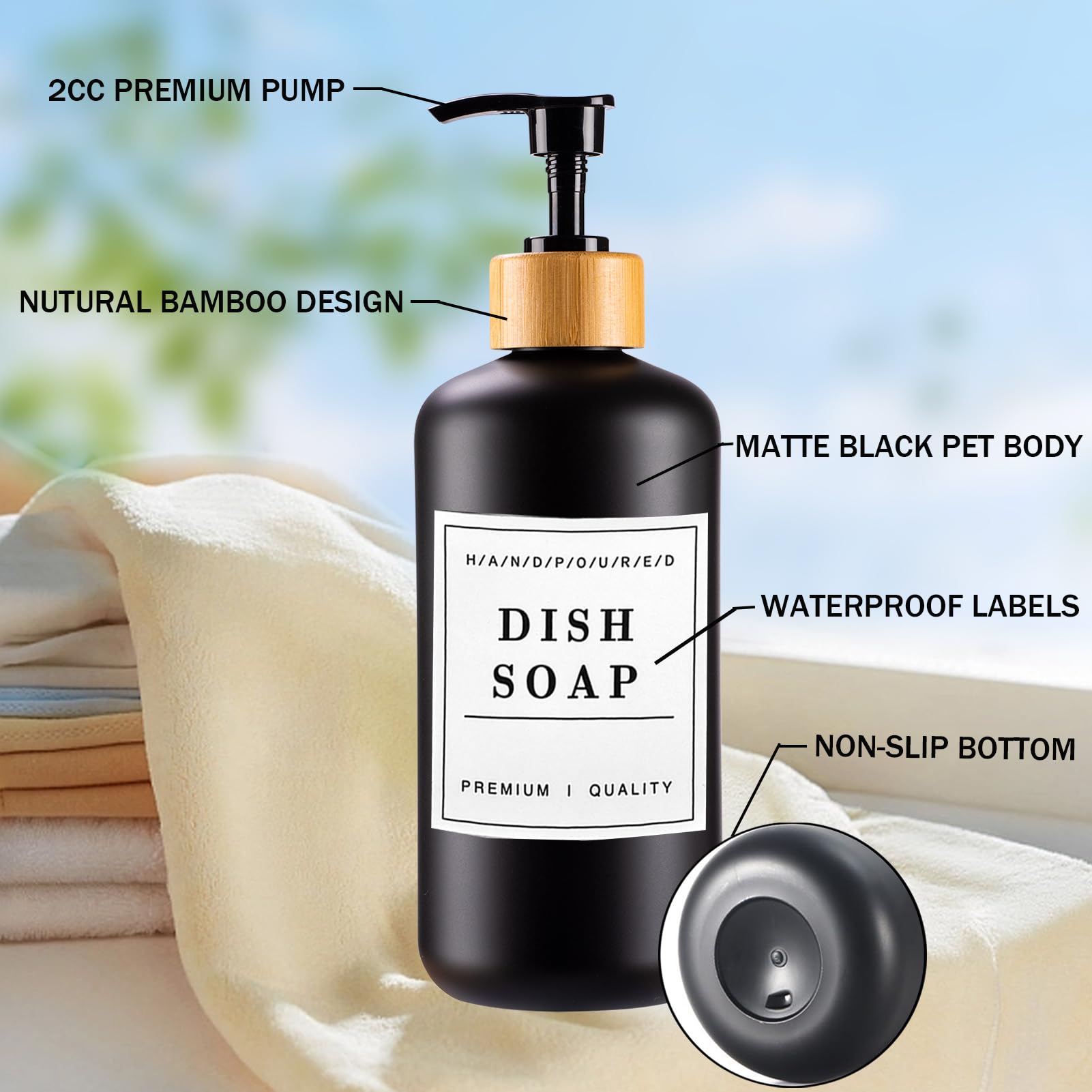 Black Soap Dispenser Set 16Oz Plastic Soap Dispenser With Bamboo Pump Hand And Dish Soap Dispenser For Kitchen Refillable Soap L