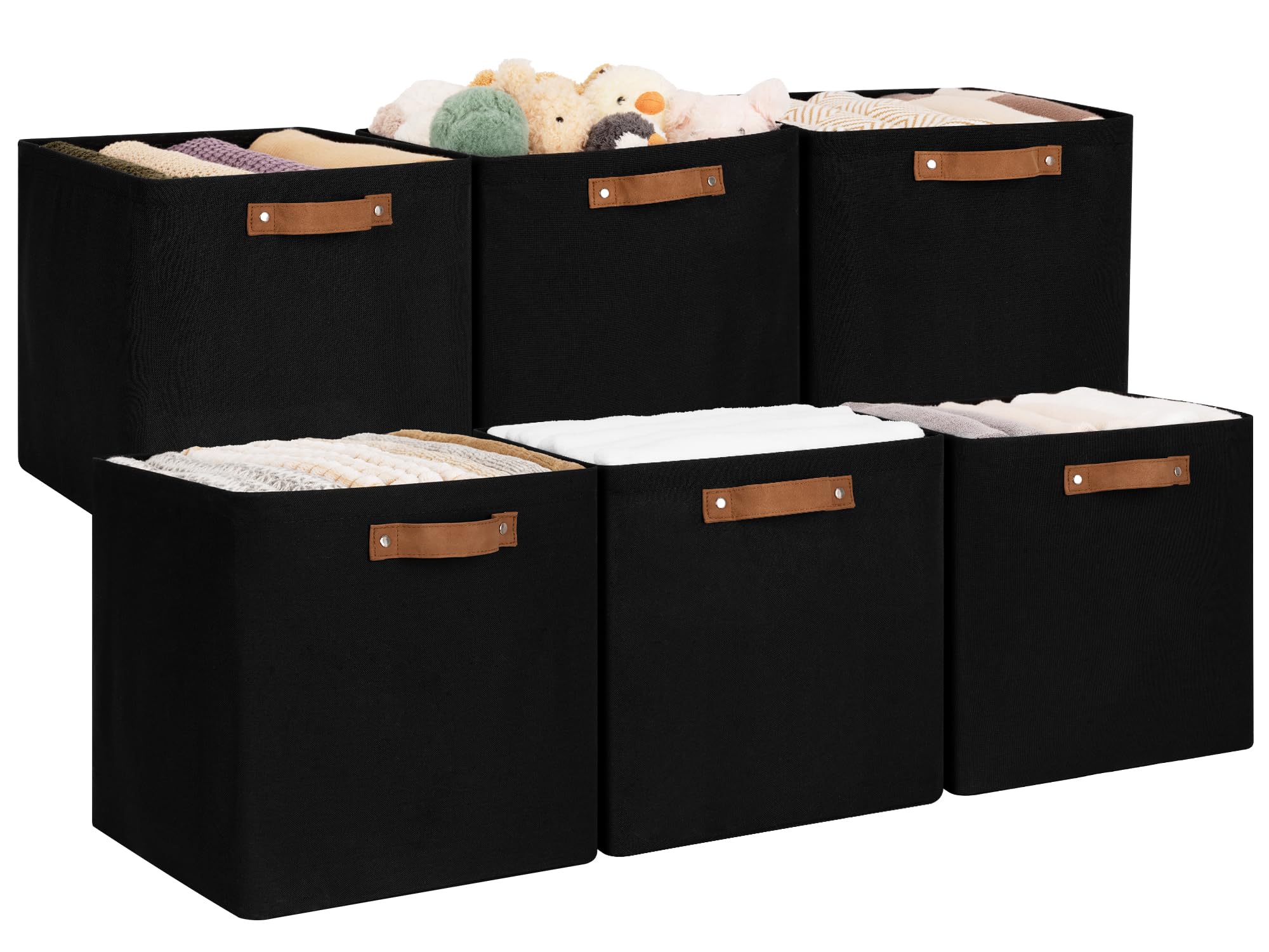 Storageworks 13X13 Storage Cubes, Collapsible Storage Bins Organizer For Closet, Fabric Storage Box With Pu Handles, Black, 6-Pa