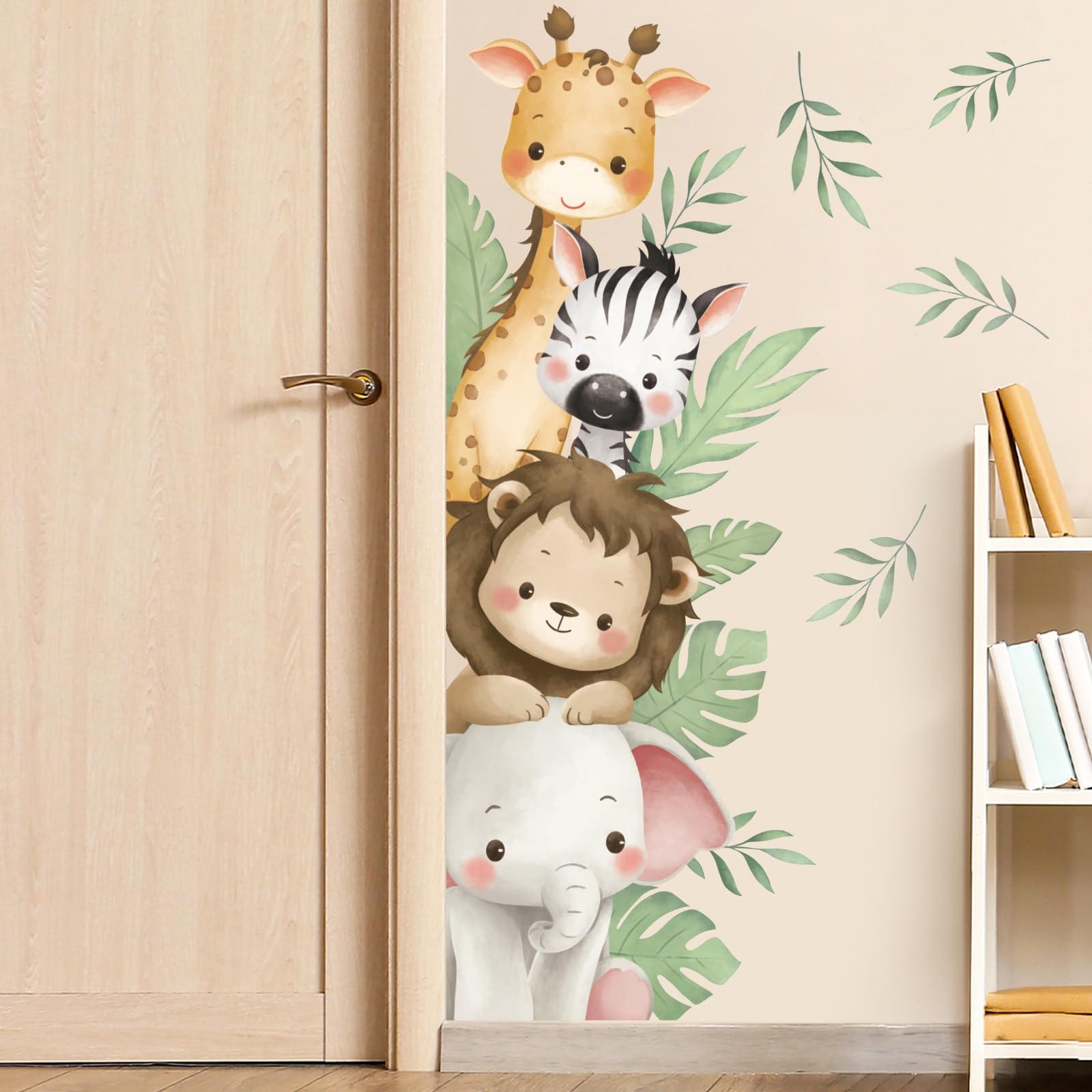 SHUCHING Watercolor Jungle Animal Wall Decals Peel and Stick, Vinyl Safari Elephant Lion Giraffe Zebra Wall Sticker, Wall Decor 