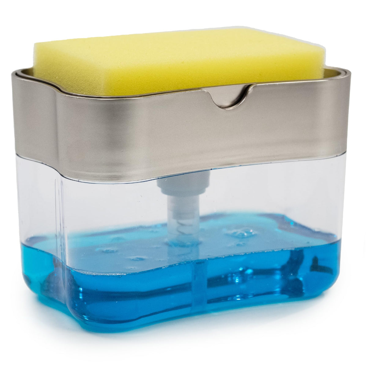 S&T Inc. Dish Soap Dispenser And Sponge Holder For Kitchen Sink, Sponge Included, 13 Ounces, Metallic Silver