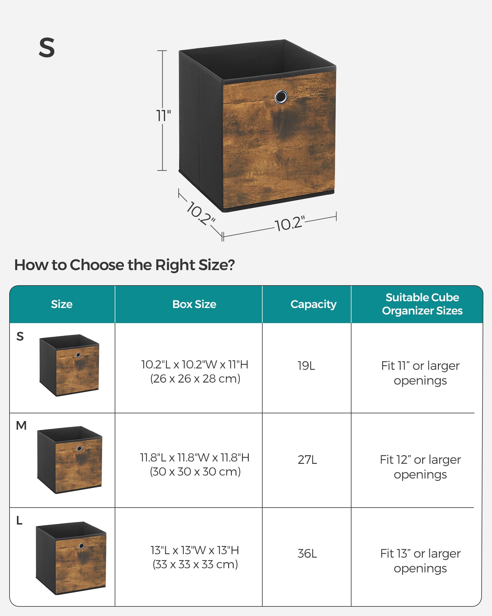 SONGMICS Storage Cubes  Set of 6 Storage Bins with Handles  Foldable Oxford Fabric and Non-Woven Fabric Storage Boxes  10.2x10.2x11 Inches  Fit Cube Storage Unit  Rustic Brown and Black URFB126B01
