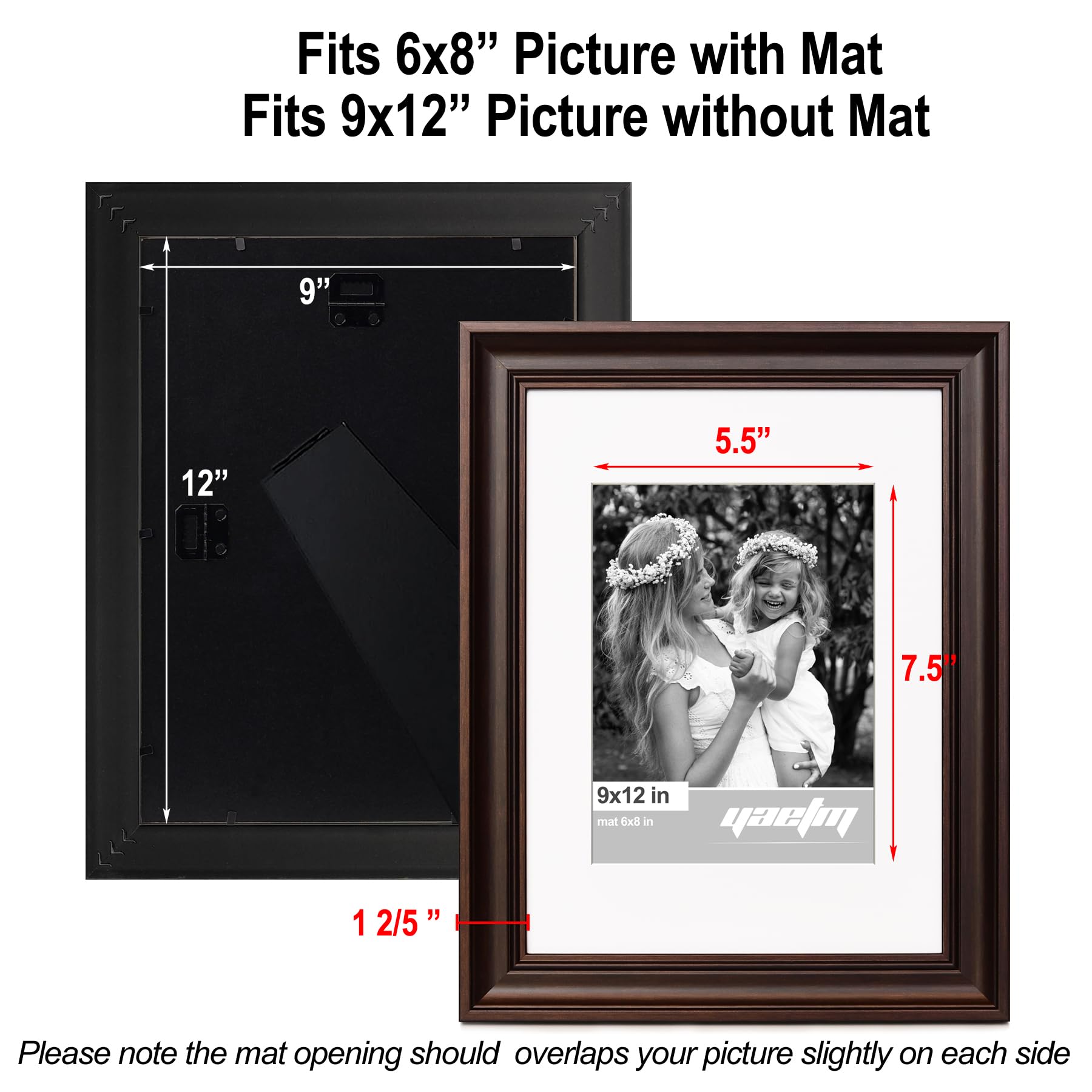 Yaetm 9x12 Picture Frame Matted to 6x8 Set of 4, 1.4    Wide Molding & Dark Brown Photo Frames 9 x 12 with Tempered Glass, Displ