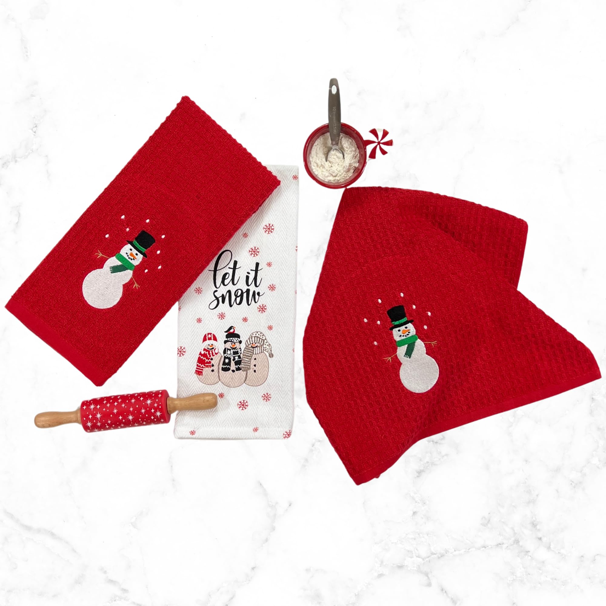 Winter Holiday Christmas Kitchen Bath Dish Hand Towels: Let It Snow Snowmen Herringbone With Two Embroidered Snowman Towel Desig