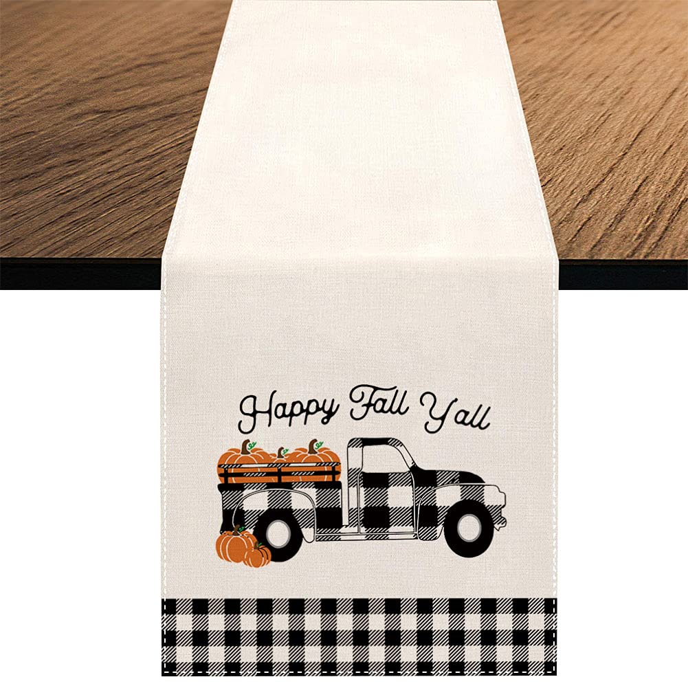 Fall Pumpkin Truck Table Runner, Seasonal Autumn Buffalo Plaid Pumpkin Holiday Kitchen Dining Table Decoration For Home Party De