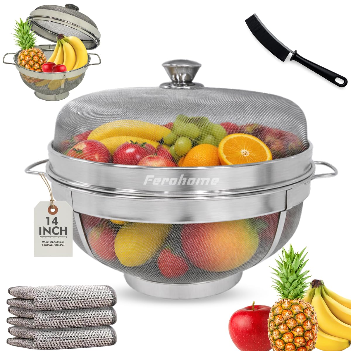 Ferohome Stainless Steel Fruit Basket With Lid | Includes Free Cleaning Brush And Multi Fiber Cloth | Fruit & Vegetable Storage 
