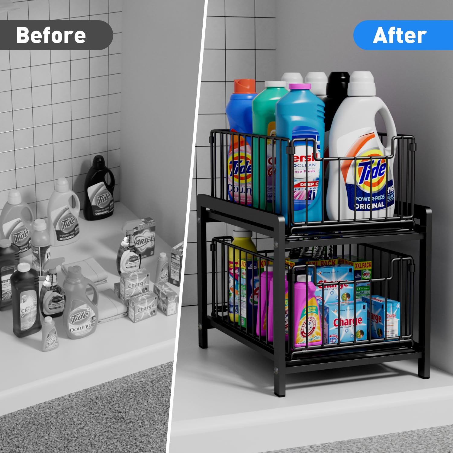 2 Tier Sliding Basket Drawer Organizer, Lxmons Pull Out Under Sink Cabinets Organizer, Metal Home Organizer Shelf For Bathroom O