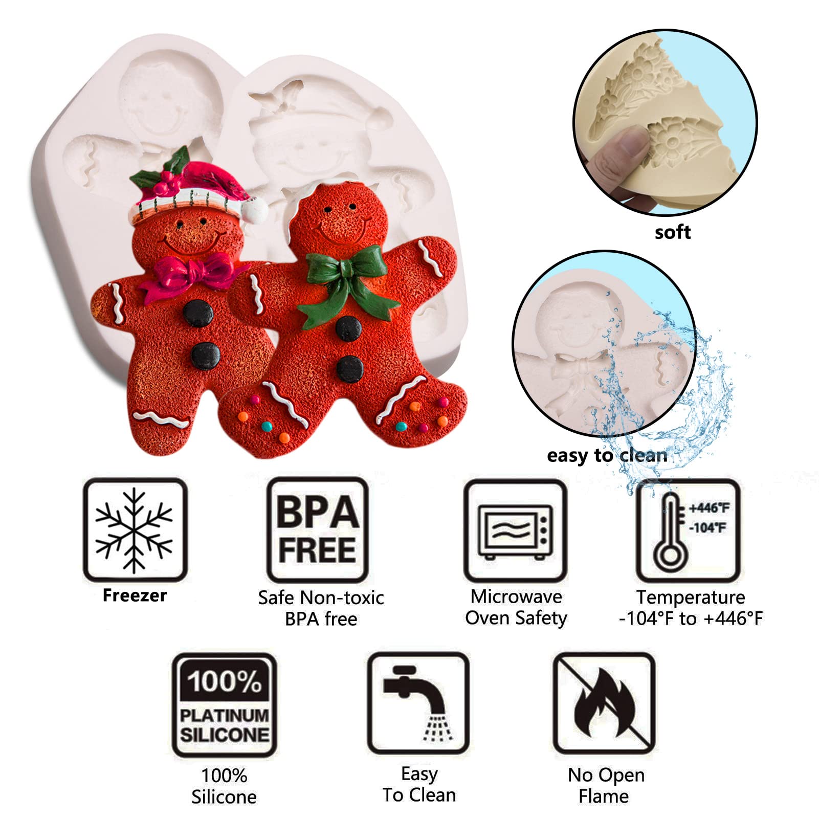 Muyulin Gingerbread Man Silicone Mold, 5 Packs Christmas Cake Decoration Chocolate Molds, For Holiday Candy, Cake Decorating, Cu