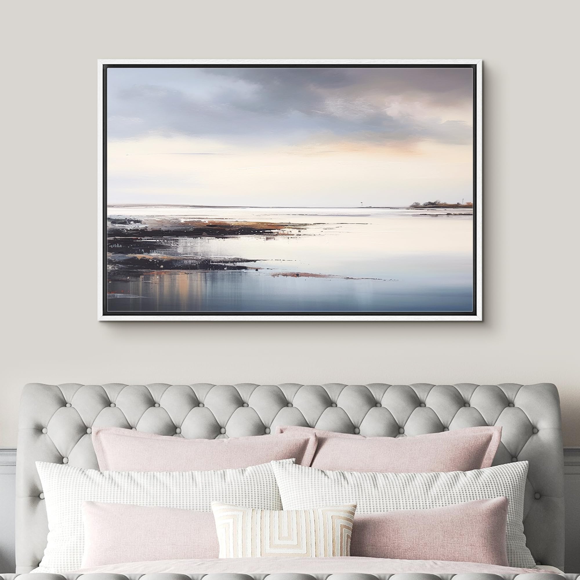 Signford Framed Canvas Print Wall Art Storm Cloud Pastel Lake Landscape Nature Wilderness Illustration Minimalism Decorative Col