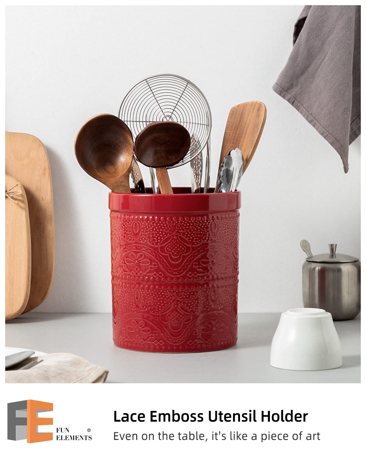 Fun Elements Kitchen Utensil Holder, 7.2'' Super Large Utensil Crock Heavy And Stable Lace Emboss Ceramic Utensil Holder For Kit