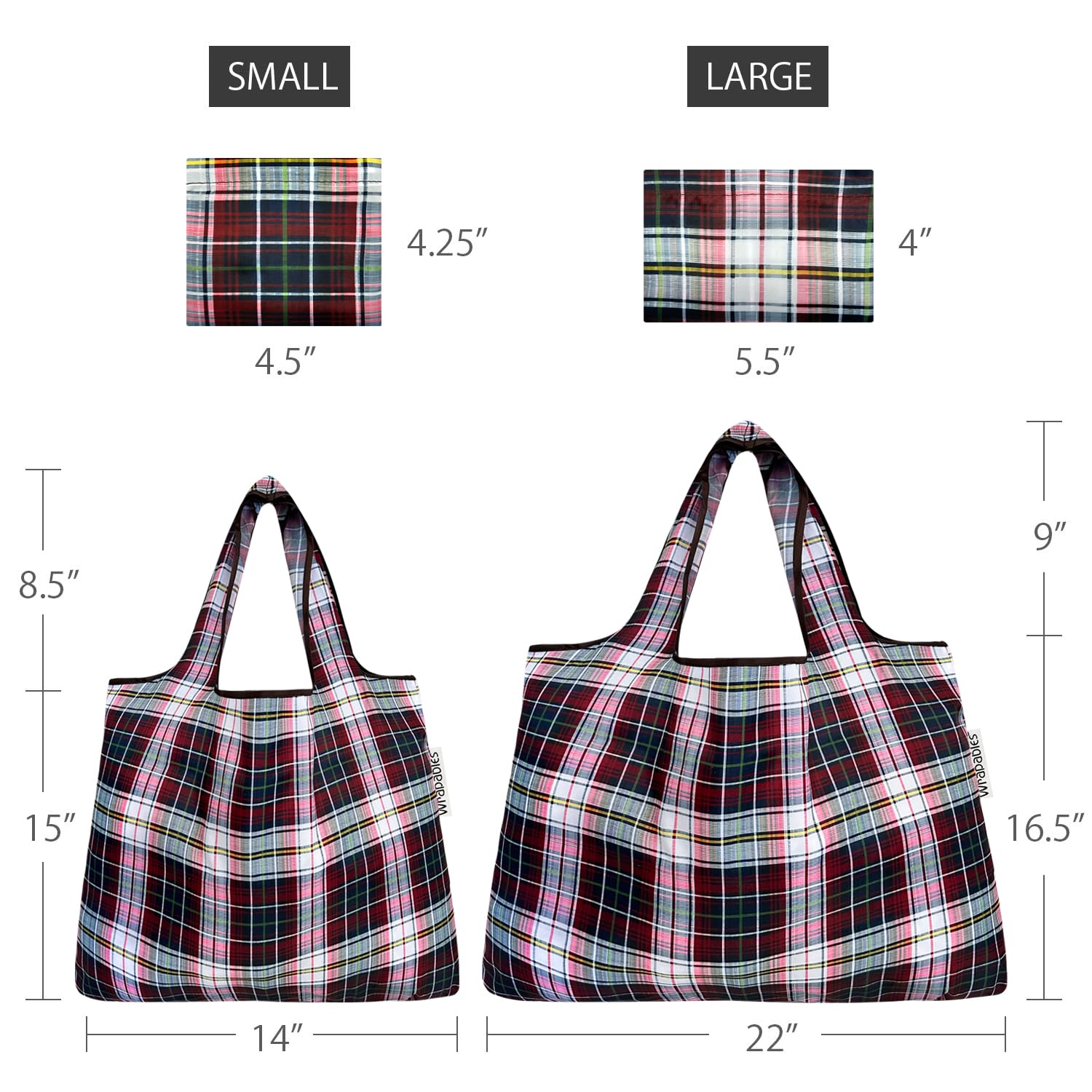 Allydrew Large & Small Foldable Tote Nylon Reusable Grocery Bags, Set Of 2, Red Plaid