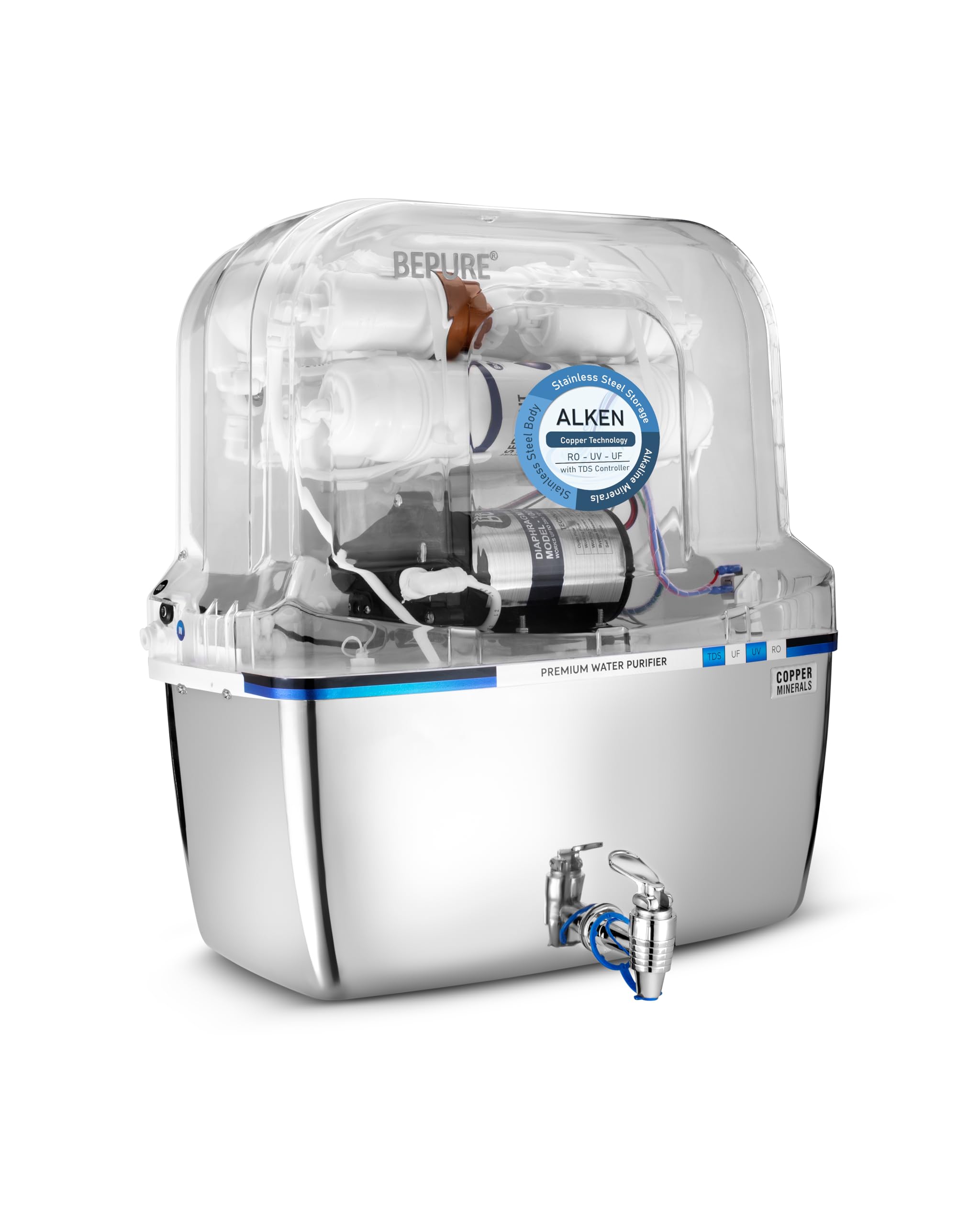 Bepure Alken Isi Mark Stainless Steel Tank 12L Ro+Uv+Uf+Tds+ Copper Alkaline Water Purifier| 8 Stage Purification | Steel Tank R