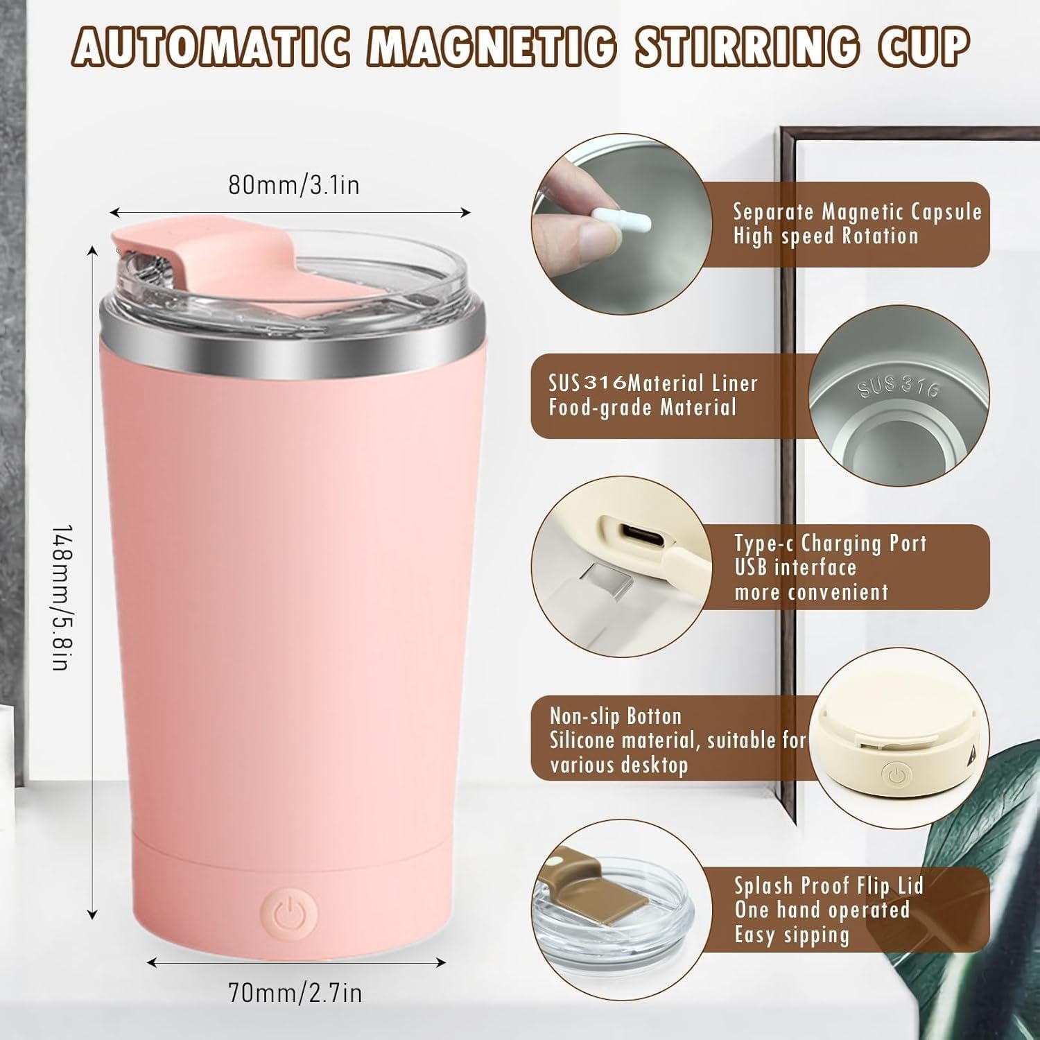 Self Stirring Mug With Lid 13.5 Oz Electric High Speed Mixing Cup 400Ml Rechargeable Automatic Stirring Coffee Mixer Cup(Color:P
